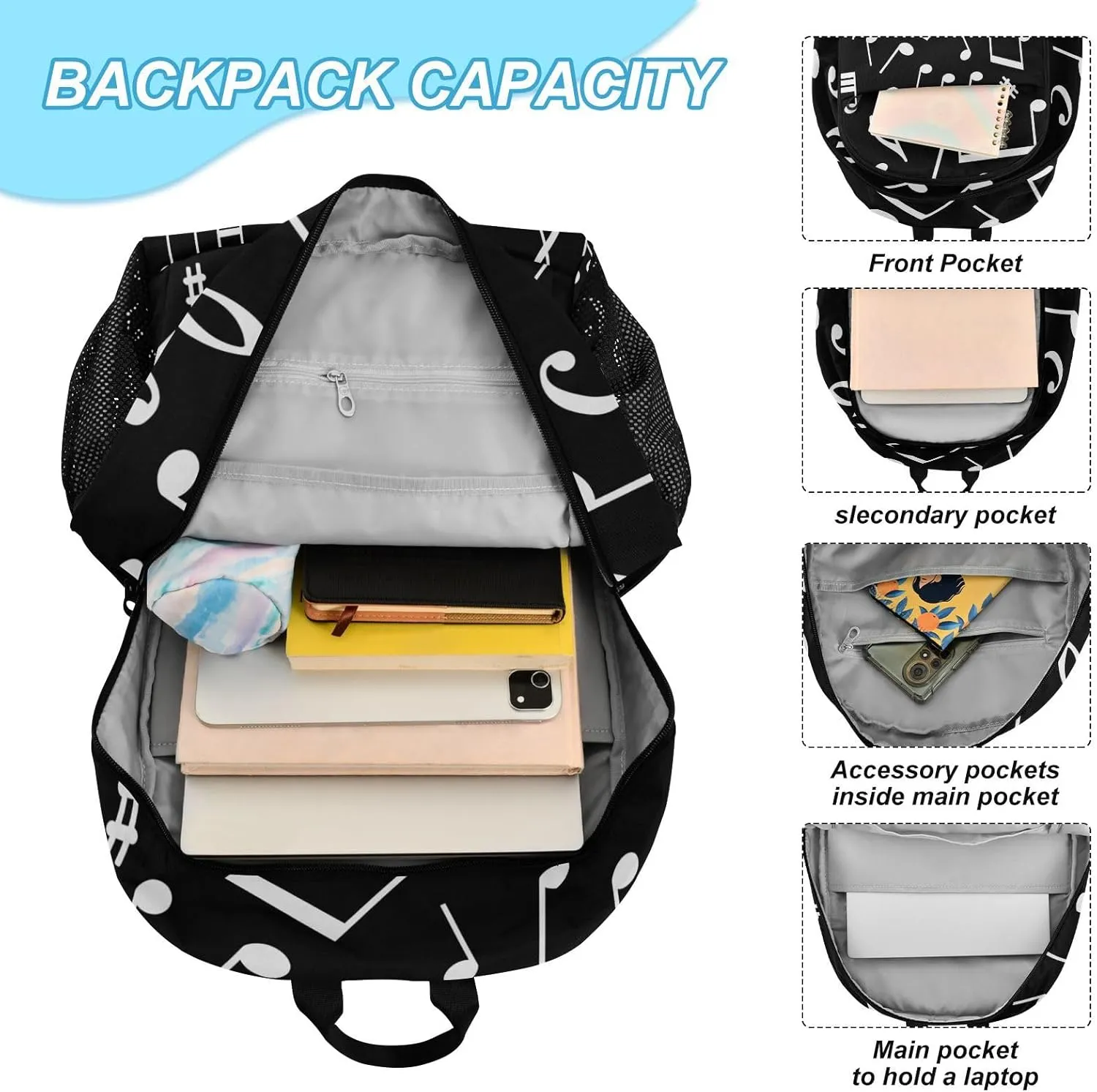 SUABO 2Pcs Black Music Note Backpack for Child Bookbag Set Primary School Daypack Middle-School Students Knapsack with Lunch Box