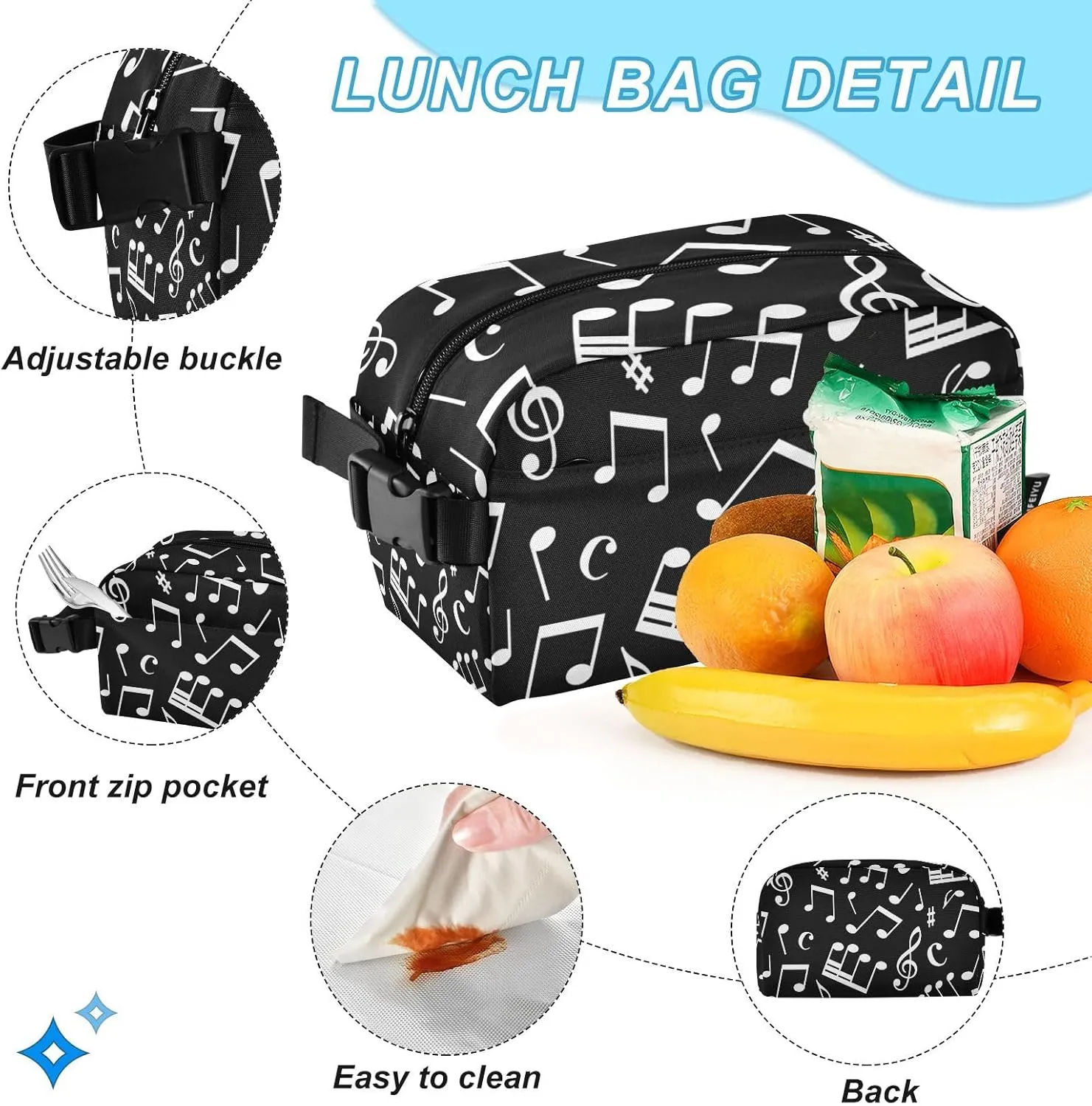 SUABO 2Pcs Black Music Note Backpack for Child Bookbag Set Primary School Daypack Middle-School Students Knapsack with Lunch Box