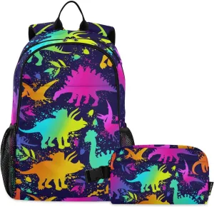SUABO 2Pcs Rainbow Dinosaur Backpack for Child Bookbag Set Primary School Daypack Middle-School Students Knapsack with Lunch Box