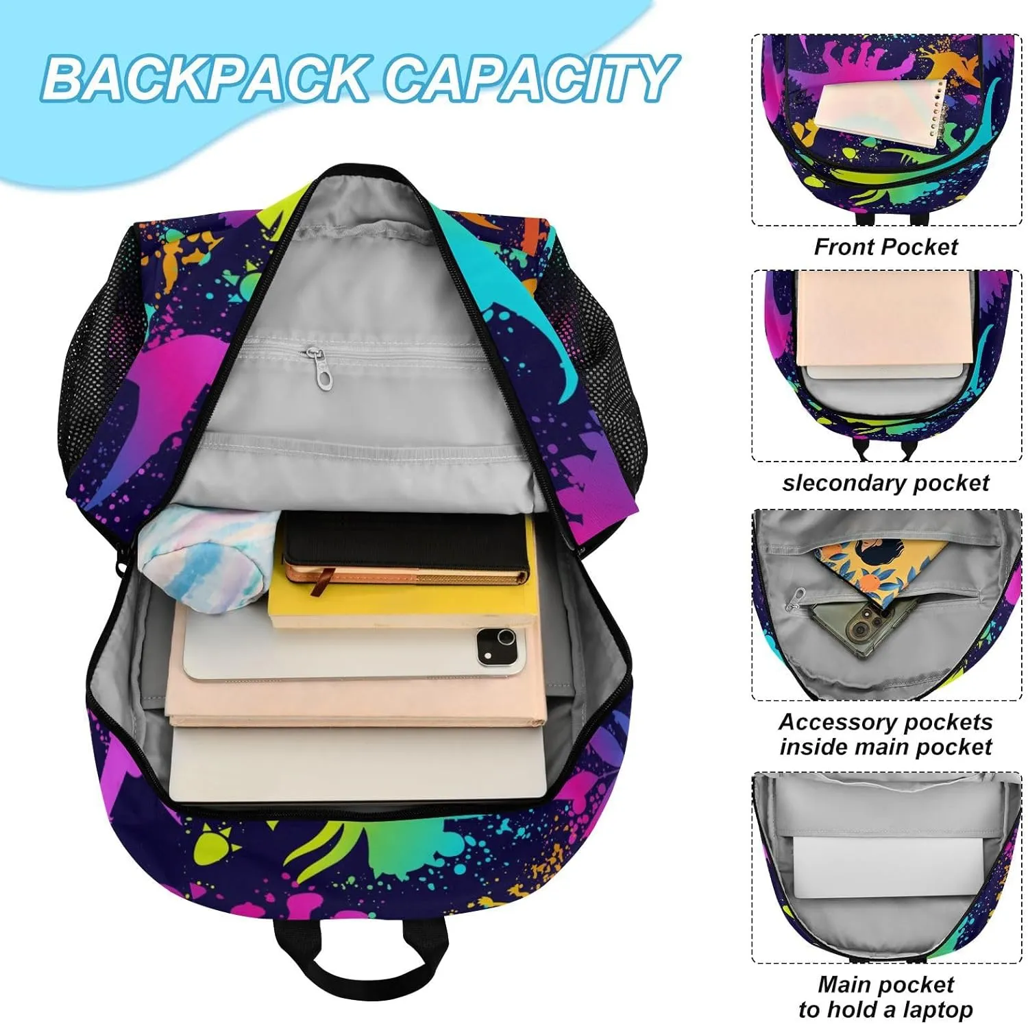 SUABO 2Pcs Rainbow Dinosaur Backpack for Child Bookbag Set Primary School Daypack Middle-School Students Knapsack with Lunch Box