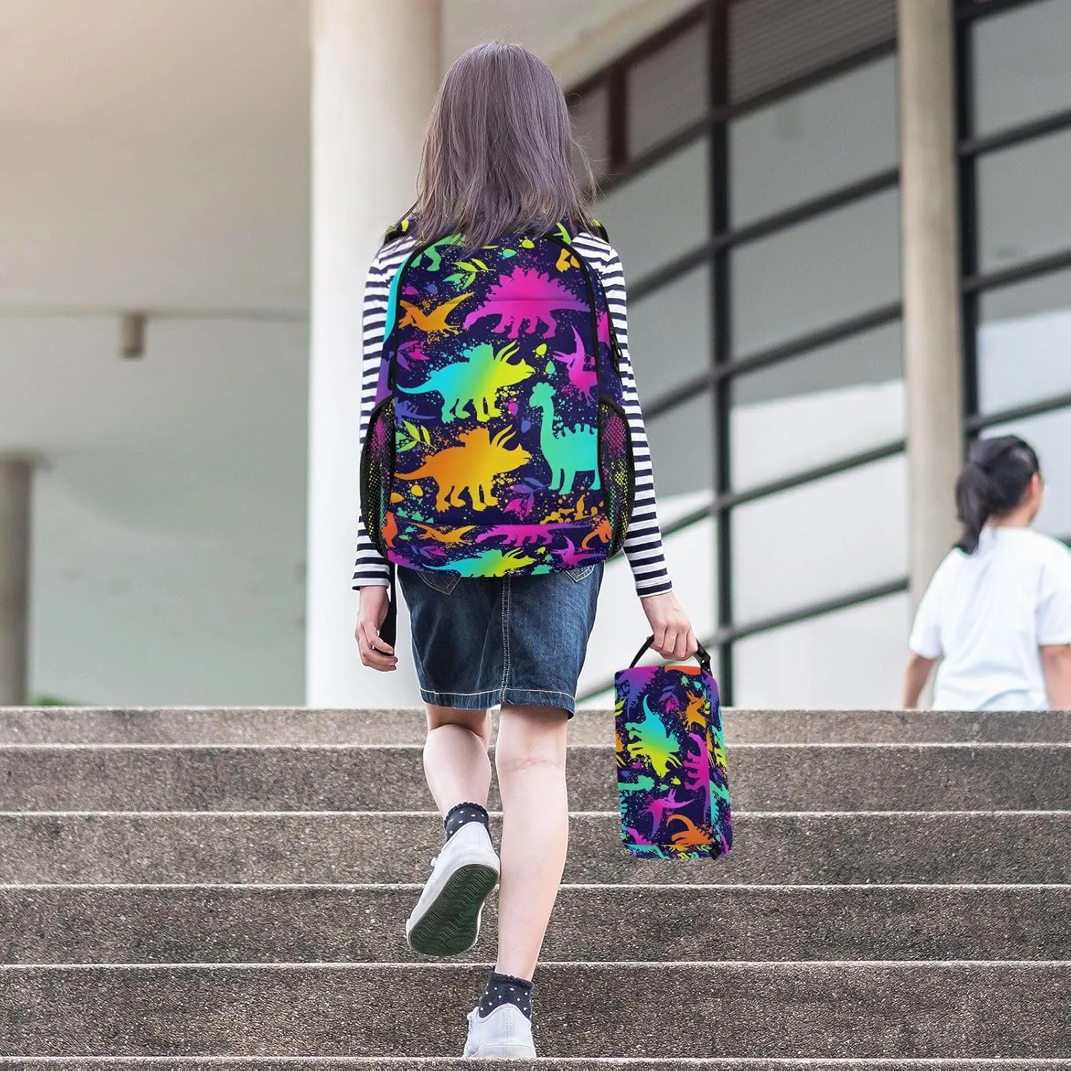 SUABO 2Pcs Rainbow Dinosaur Backpack for Child Bookbag Set Primary School Daypack Middle-School Students Knapsack with Lunch Box