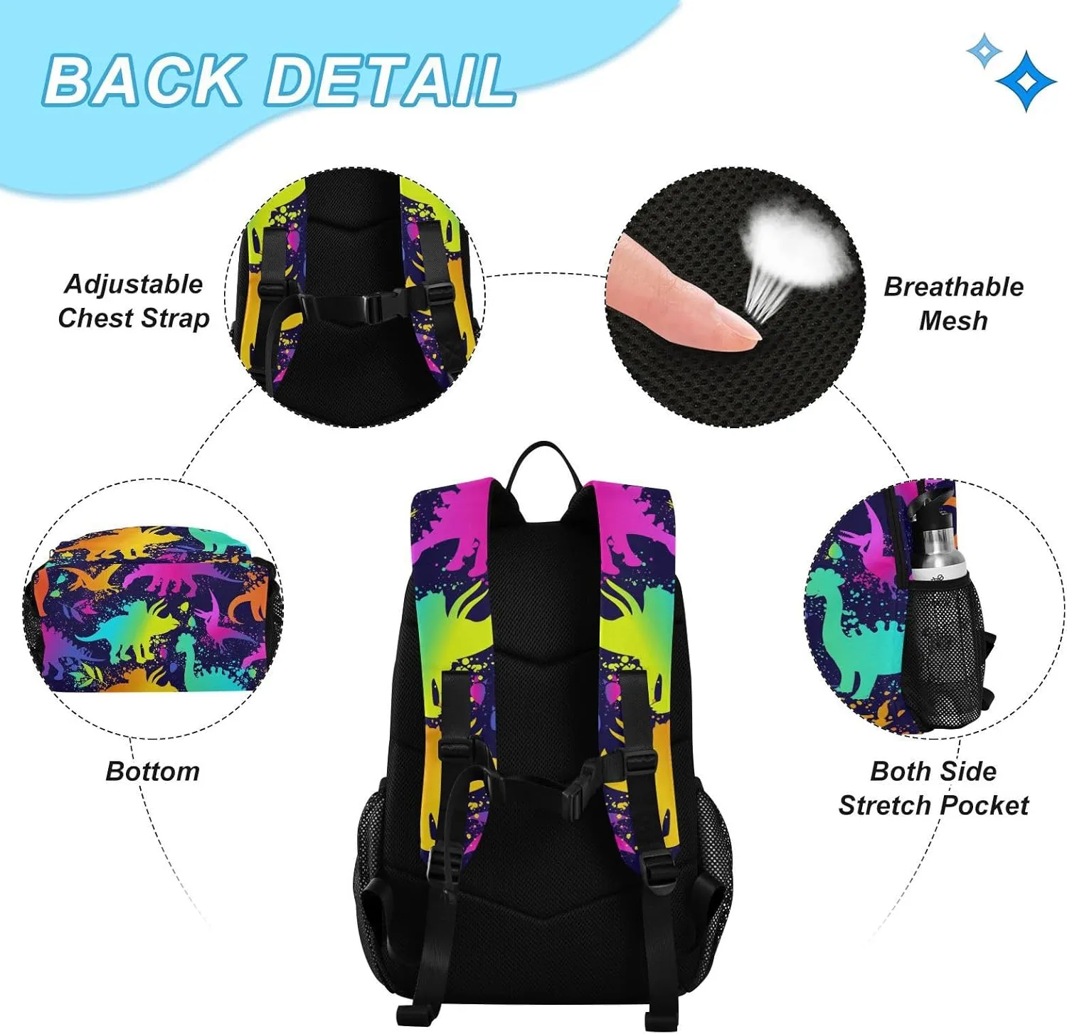 SUABO 2Pcs Rainbow Dinosaur Backpack for Child Bookbag Set Primary School Daypack Middle-School Students Knapsack with Lunch Box