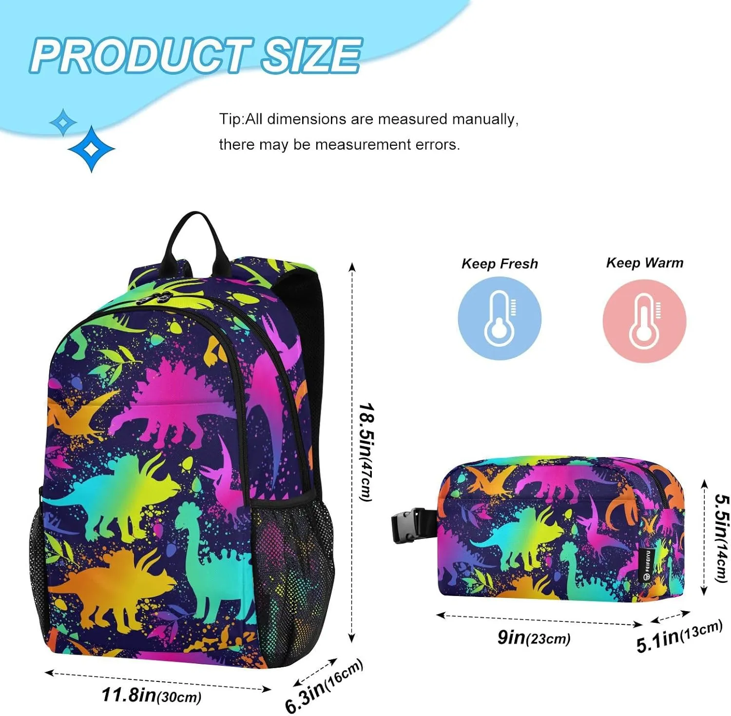 SUABO 2Pcs Rainbow Dinosaur Backpack for Child Bookbag Set Primary School Daypack Middle-School Students Knapsack with Lunch Box