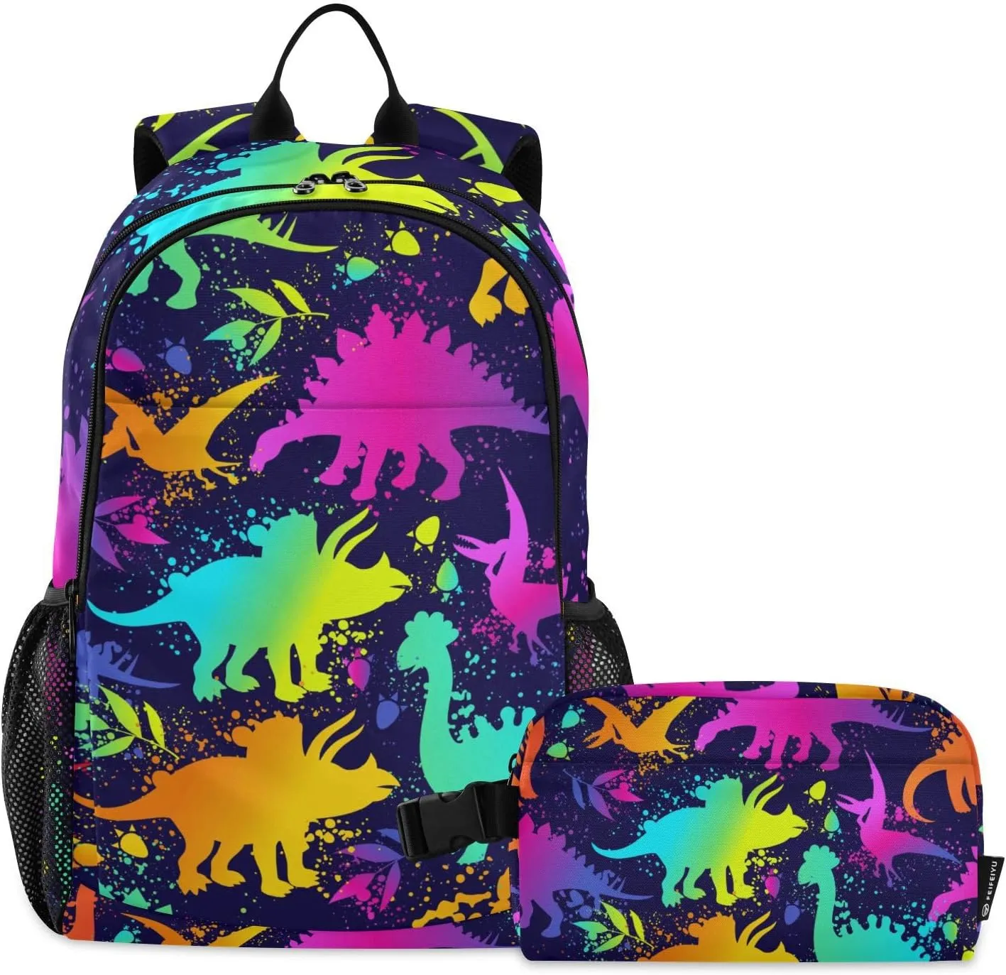 SUABO 2Pcs Rainbow Dinosaur Backpack for Child Bookbag Set Primary School Daypack Middle-School Students Knapsack with Lunch Box