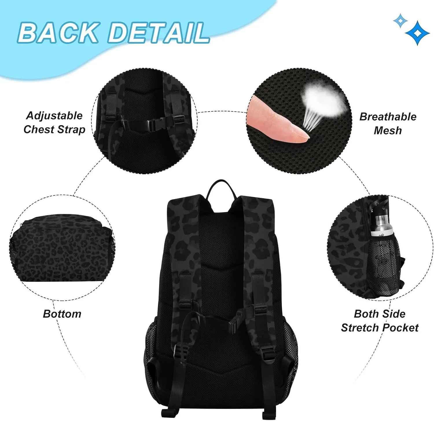 SUABO Backpack Lunch Bag Set for Boys Girls, Black Leopard Middle-School Elementary Bookbags, 2Pcs School Bag with Lunch Bag