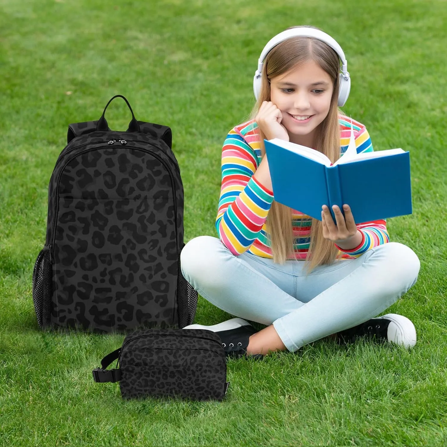SUABO Backpack Lunch Bag Set for Boys Girls, Black Leopard Middle-School Elementary Bookbags, 2Pcs School Bag with Lunch Bag