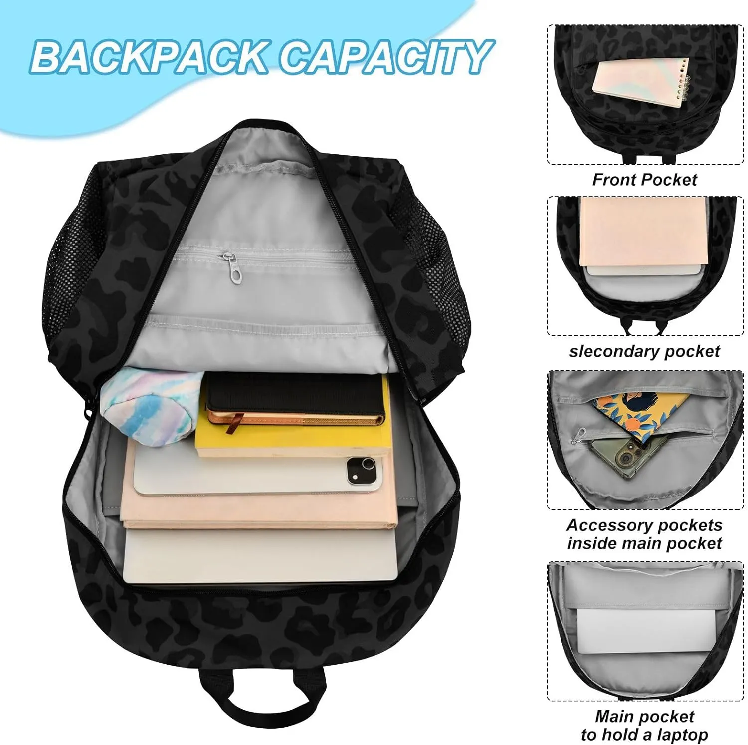 SUABO Backpack Lunch Bag Set for Boys Girls, Black Leopard Middle-School Elementary Bookbags, 2Pcs School Bag with Lunch Bag