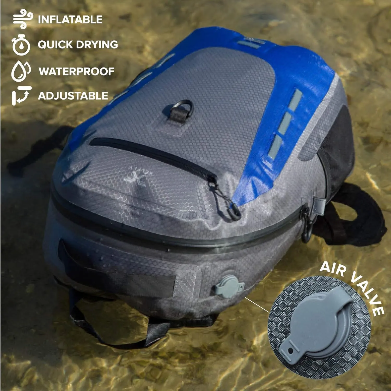 Submersipack Waterproof Backpack - Submersible, Inflatable, Floating TPU Coated Durable Nylon Dry Bag with Airtight Zipper for Kayak, Fishing, Boating, Hiking, Paddle Board (Gray Stone, 25L)