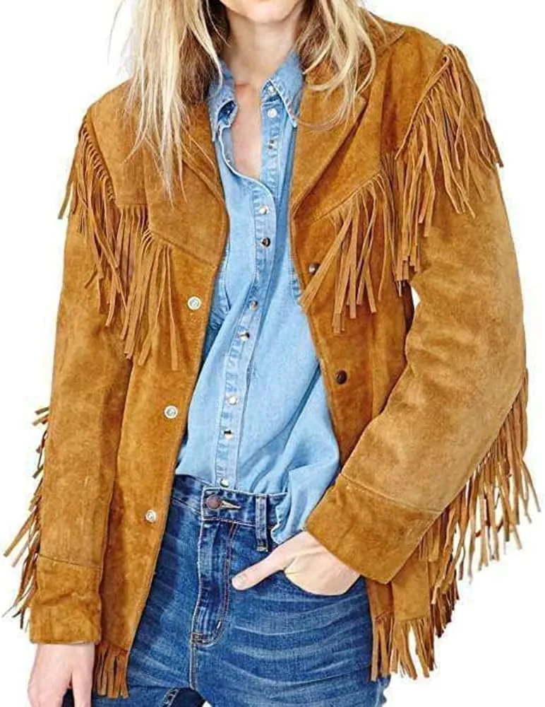 Suede Leather Jacket for Women Western CowLady Native American Brown Fringe Coat -Cowgirl outerwear