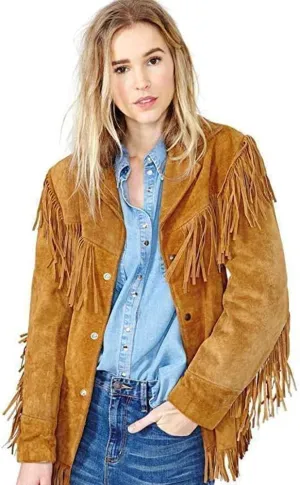 Suede Leather Jacket for Women Western CowLady Native American Brown Fringe Coat -Cowgirl outerwear