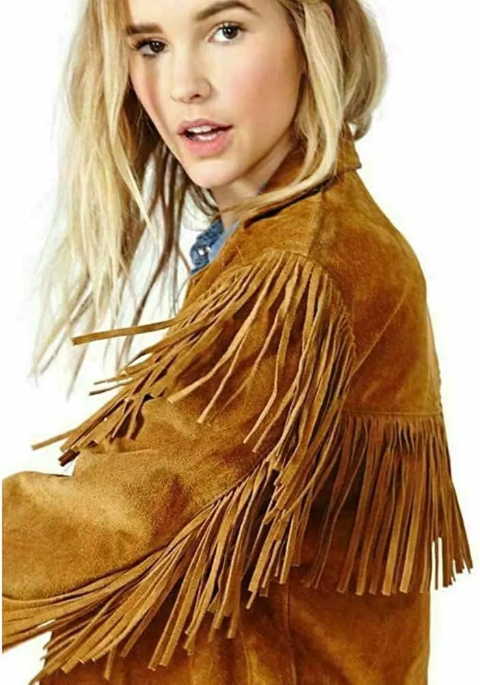 Suede Leather Jacket for Women Western CowLady Native American Brown Fringe Coat -Cowgirl outerwear