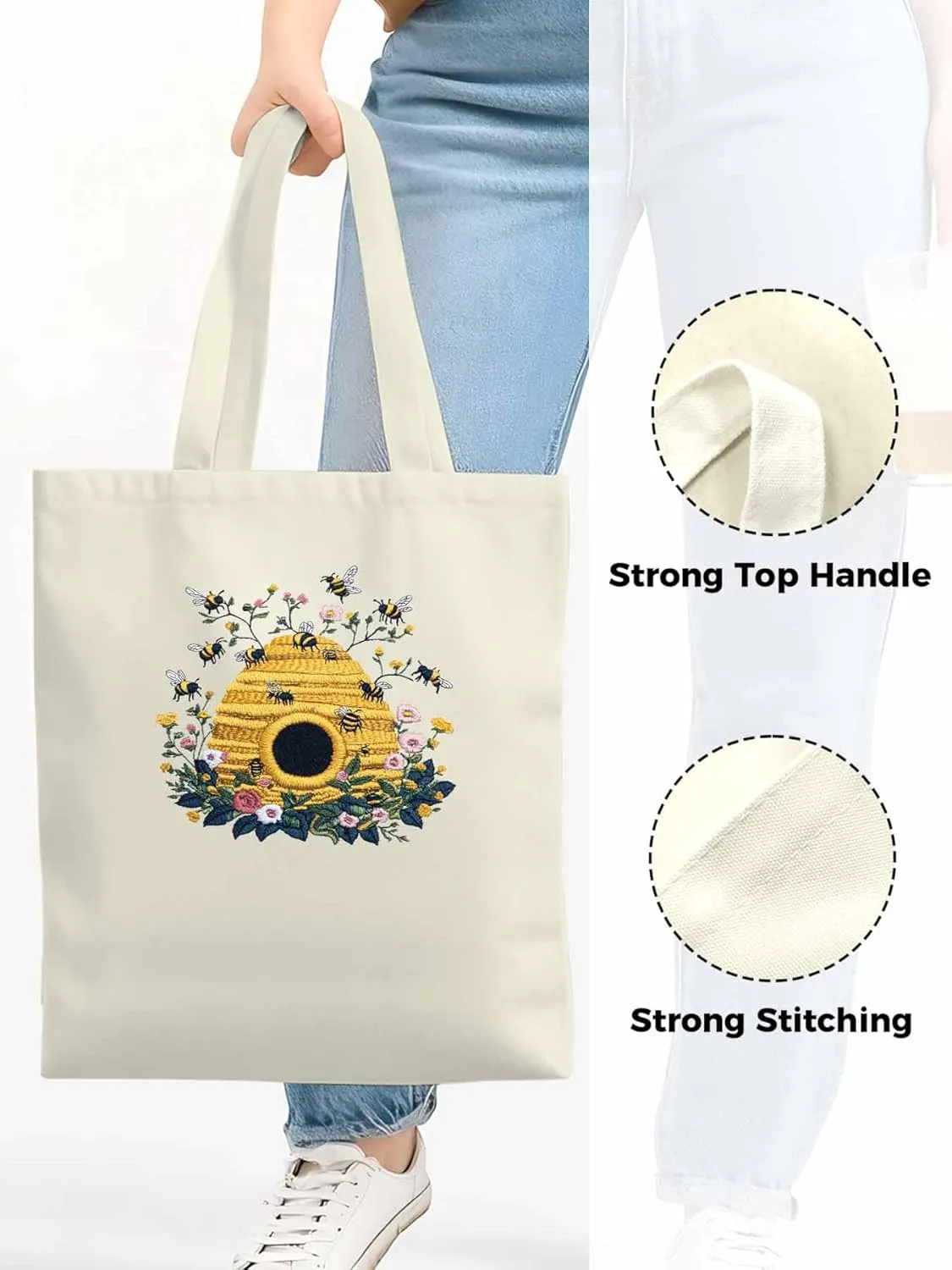 Summer Bee Butterfly Canvas Tote Bag, Aesthetic Canvas Tote Handbags for Women Shoulder Bag