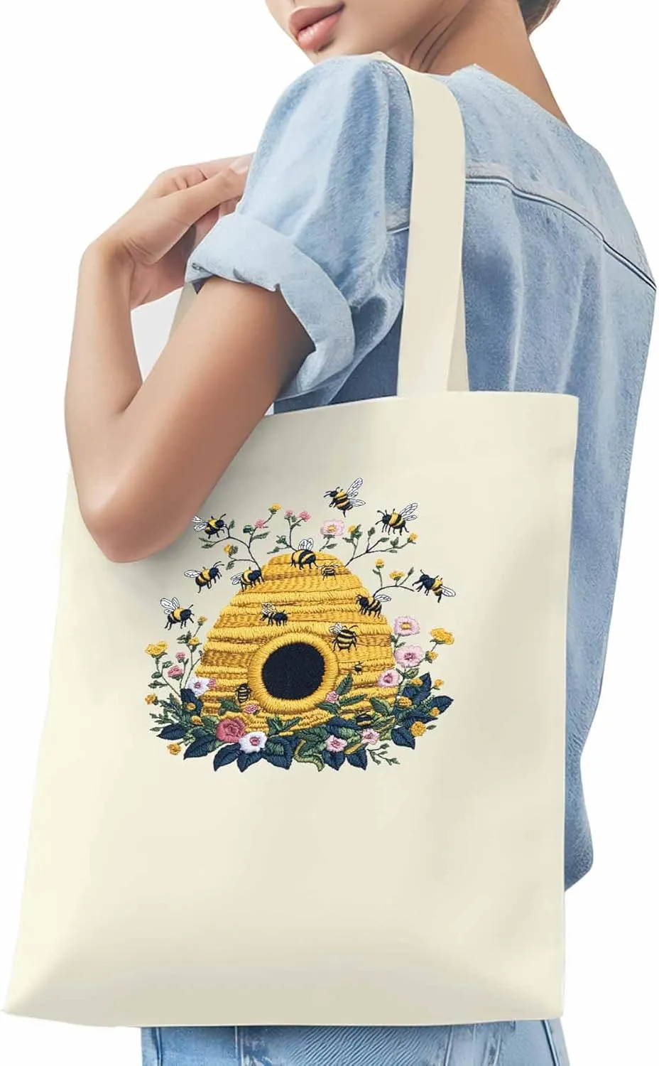 Summer Bee Butterfly Canvas Tote Bag, Aesthetic Canvas Tote Handbags for Women Shoulder Bag