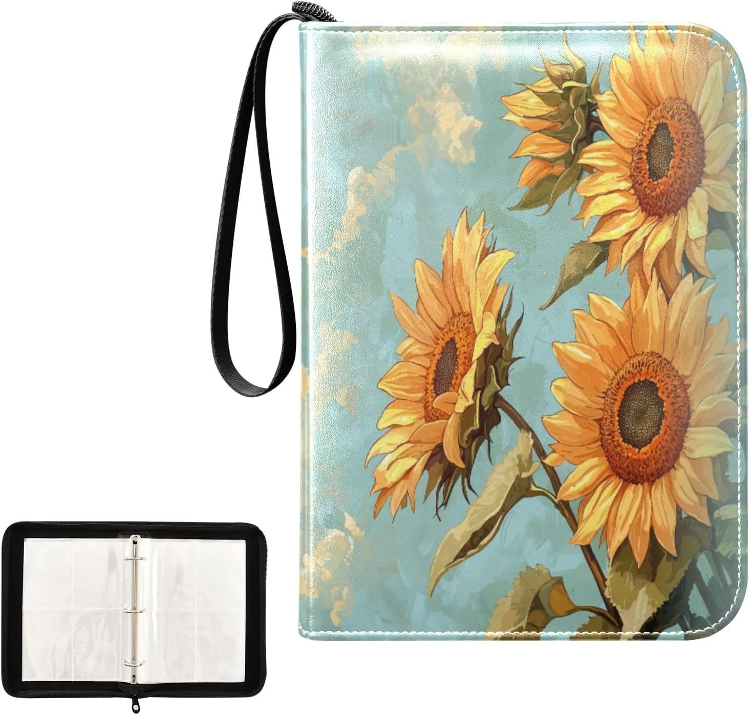 Sunflowers Oil Painting Card Binder 4 Pocket, Trading Card Holder Fits 400 Game Cards with 50 Removable Sleeves, MTG Card Case Standard Size