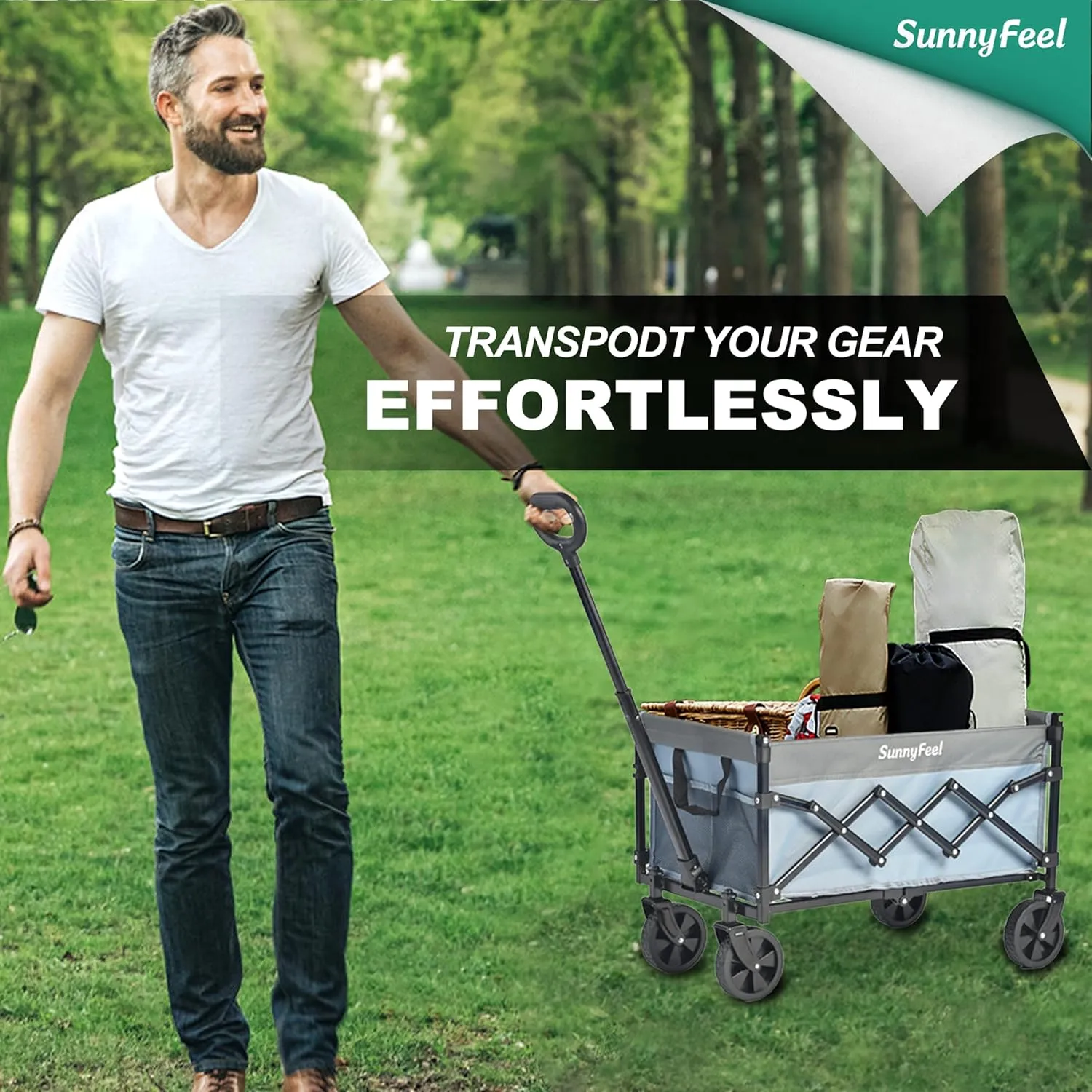 SunnyFeel 330lbs Wagons Carts Foldable,Heavy Duty Collapsible Folding Wagon Carts with Wheels,Lightweight Fold Up Wagon Cart for Outdoor Camping Shopping Sports Beach Garden Grocery