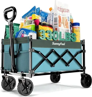 SunnyFeel 330lbs Wagons Carts Foldable,Heavy Duty Collapsible Folding Wagon Carts with Wheels,Lightweight Fold Up Wagon Cart for Outdoor Camping Shopping Sports Beach Garden Grocery