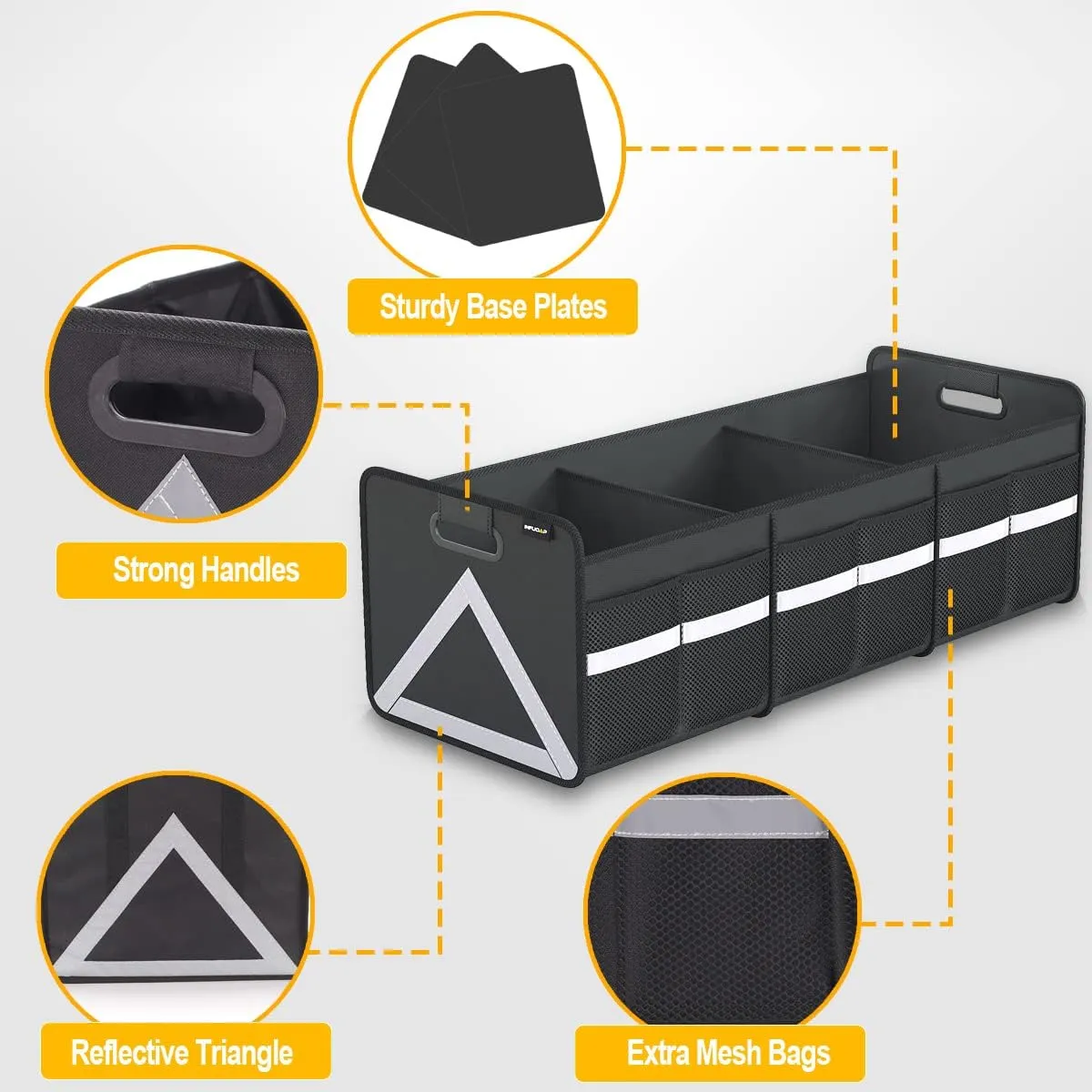 SUV Trunk Organizer - Universal Car Storage with Multi Pockets, Foldable Heavy Duty Collapsible Trunk Storage with Reflective Stripe