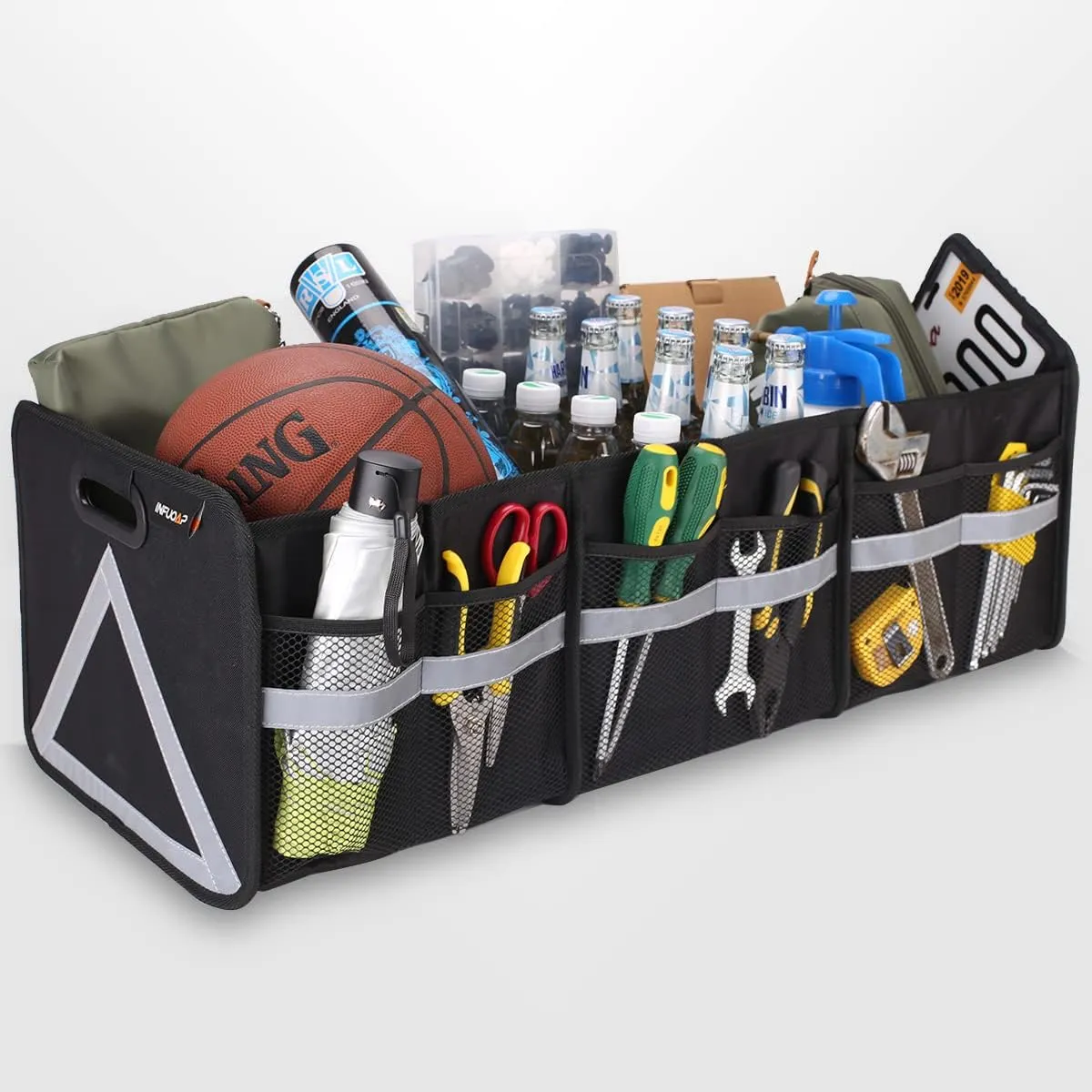 SUV Trunk Organizer - Universal Car Storage with Multi Pockets, Foldable Heavy Duty Collapsible Trunk Storage with Reflective Stripe