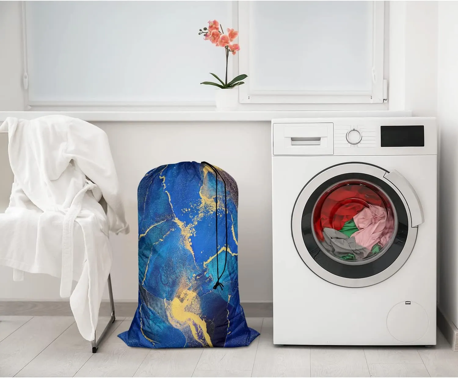 Swono Abstract Fluid Art Large Capacity Laundry Hamper Basket Alcohol Ink Painting Golden Swirls Storage Baskets for Bedroom, Bathroom, Dorm, Washing Room, Oxford Cloth, Blue