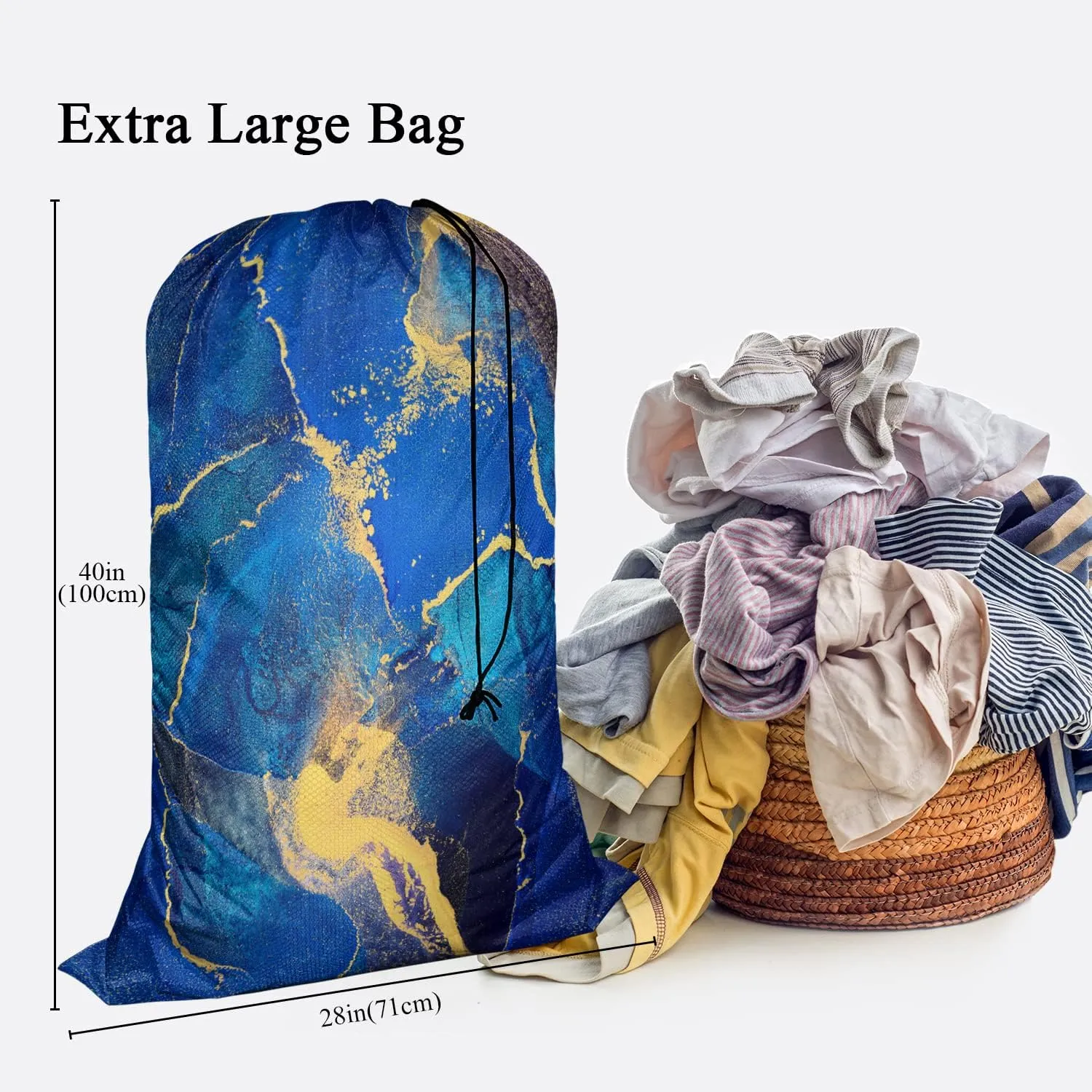 Swono Abstract Fluid Art Large Capacity Laundry Hamper Basket Alcohol Ink Painting Golden Swirls Storage Baskets for Bedroom, Bathroom, Dorm, Washing Room, Oxford Cloth, Blue