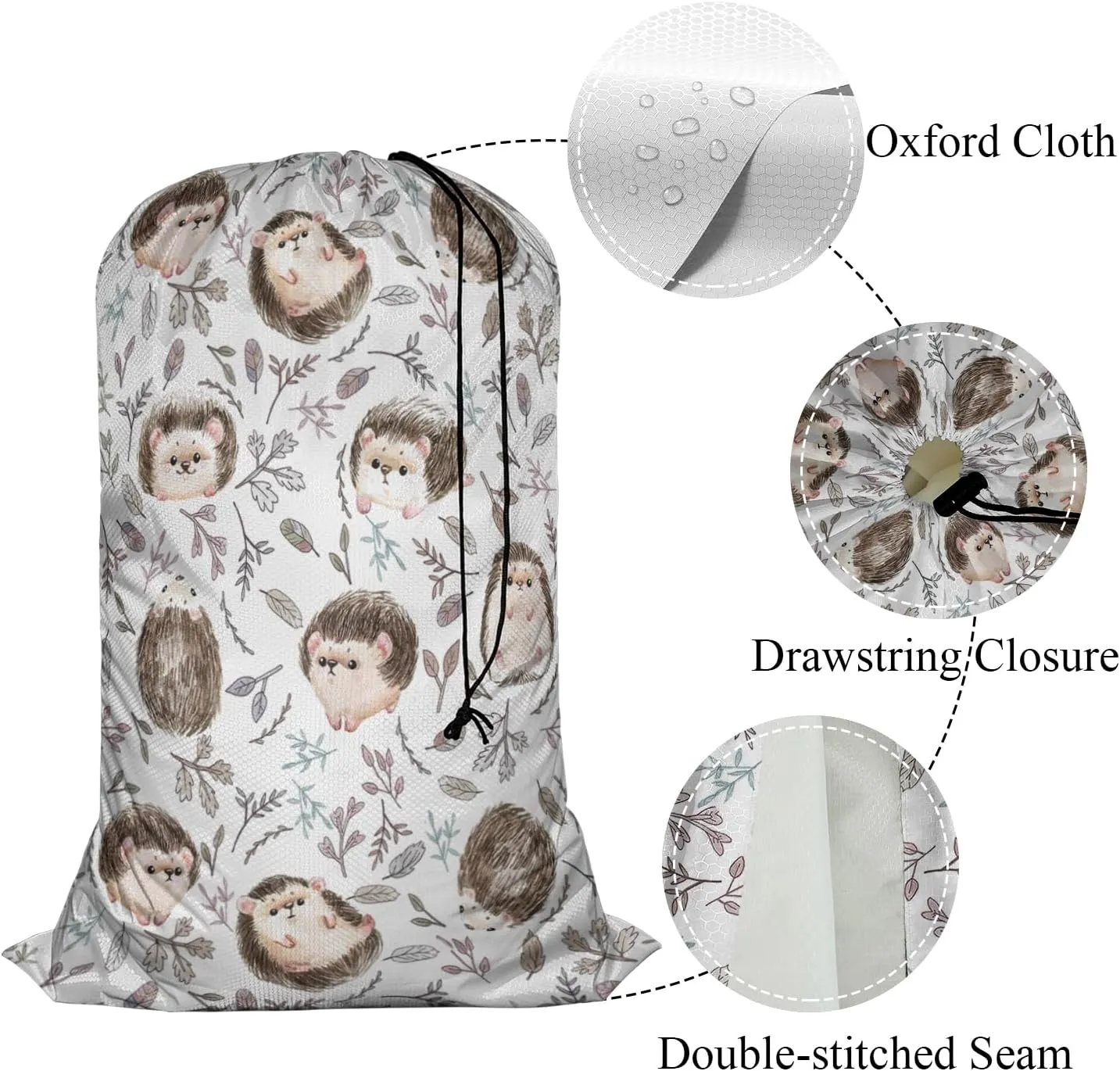 Swono Cute Hedgehog Travel Laundry Bag, Watercolor Animal Hand Drawn Boho Leaves Design Machine Washable Dirty Clothes Organizer, Large Enough to Hold 4 Loads of Laundry, Easy Fit a Laundry Hamper or