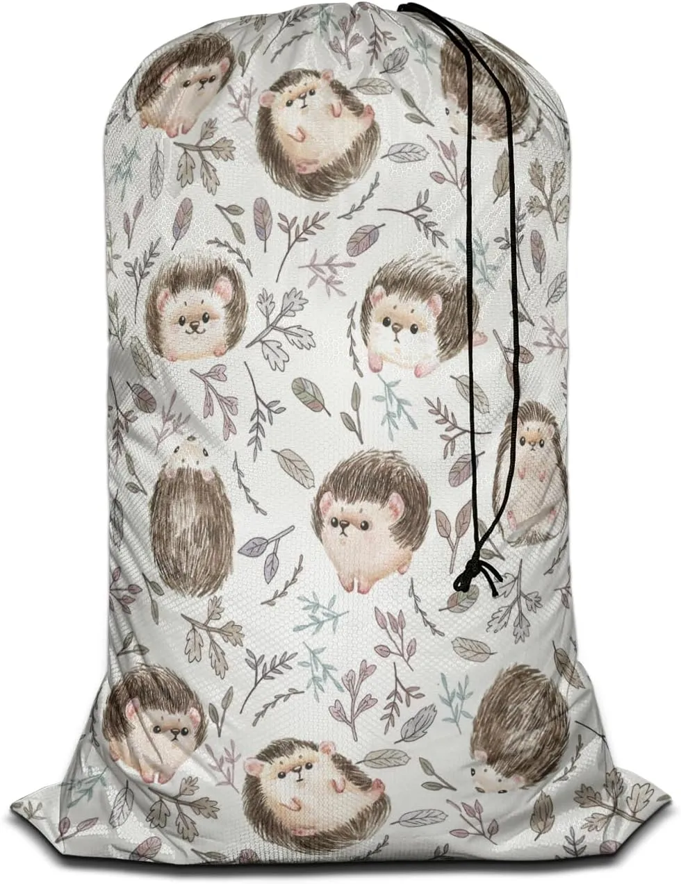 Swono Cute Hedgehog Travel Laundry Bag, Watercolor Animal Hand Drawn Boho Leaves Design Machine Washable Dirty Clothes Organizer, Large Enough to Hold 4 Loads of Laundry, Easy Fit a Laundry Hamper or