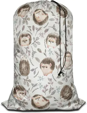 Swono Cute Hedgehog Travel Laundry Bag, Watercolor Animal Hand Drawn Boho Leaves Design Machine Washable Dirty Clothes Organizer, Large Enough to Hold 4 Loads of Laundry, Easy Fit a Laundry Hamper or