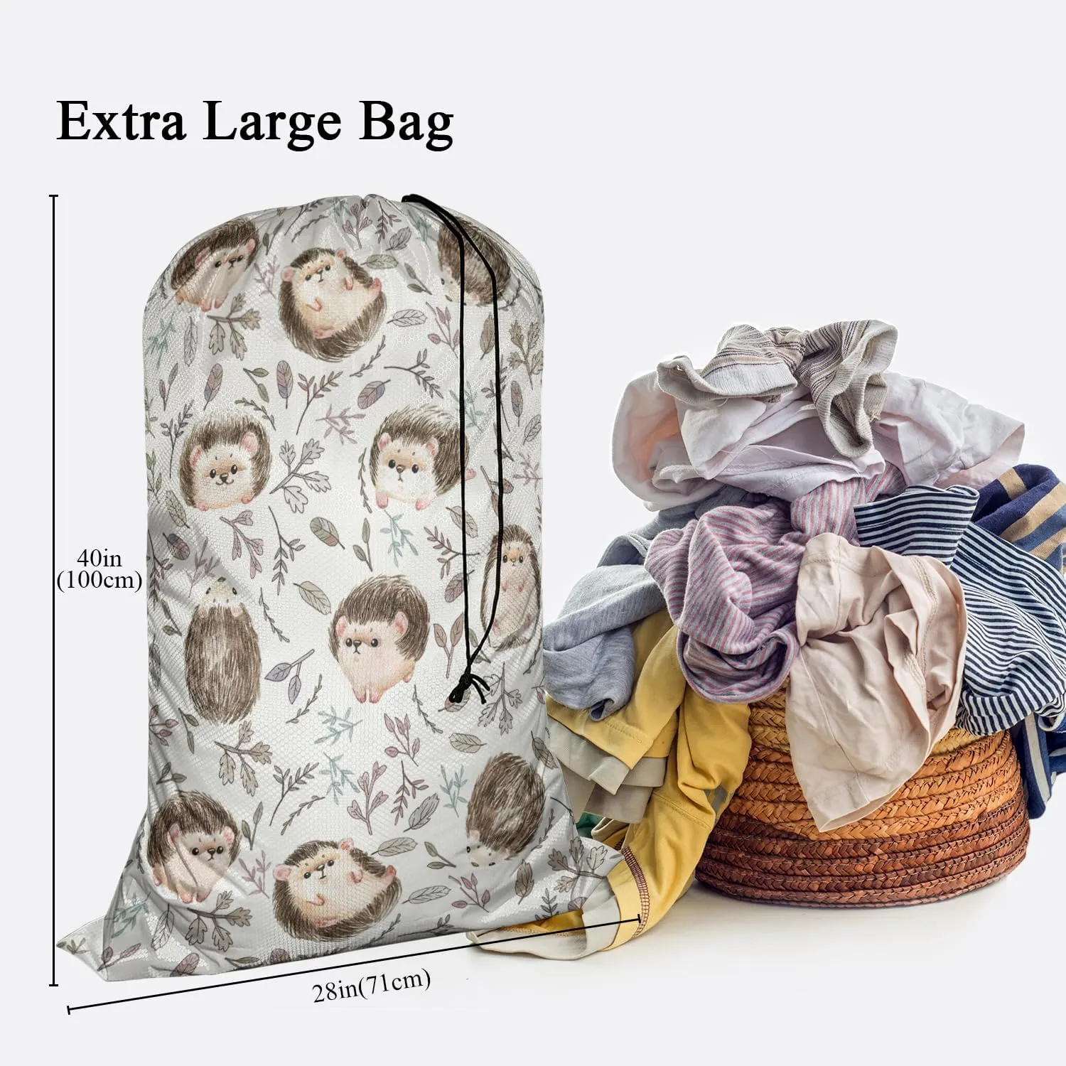 Swono Cute Hedgehog Travel Laundry Bag, Watercolor Animal Hand Drawn Boho Leaves Design Machine Washable Dirty Clothes Organizer, Large Enough to Hold 4 Loads of Laundry, Easy Fit a Laundry Hamper or