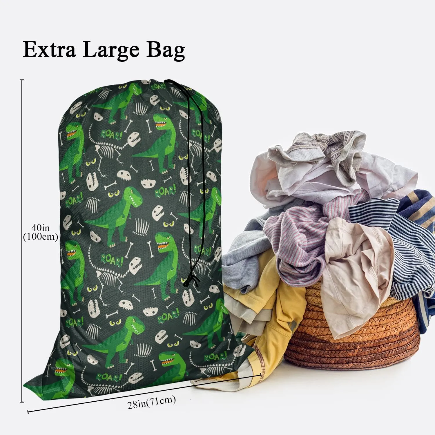Swono Laundry Basket Clothes Hamper Bag Animal Bones Dino Skull Cartoon Print Collapsible Dirty Clothes Storage Laundry Organizer, 28x40 Inch Oxford Cloth, Dinosaur
