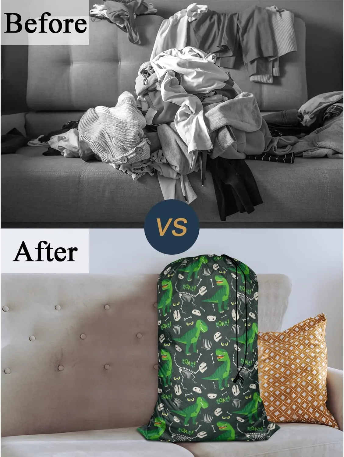 Swono Laundry Basket Clothes Hamper Bag Animal Bones Dino Skull Cartoon Print Collapsible Dirty Clothes Storage Laundry Organizer, 28x40 Inch Oxford Cloth, Dinosaur
