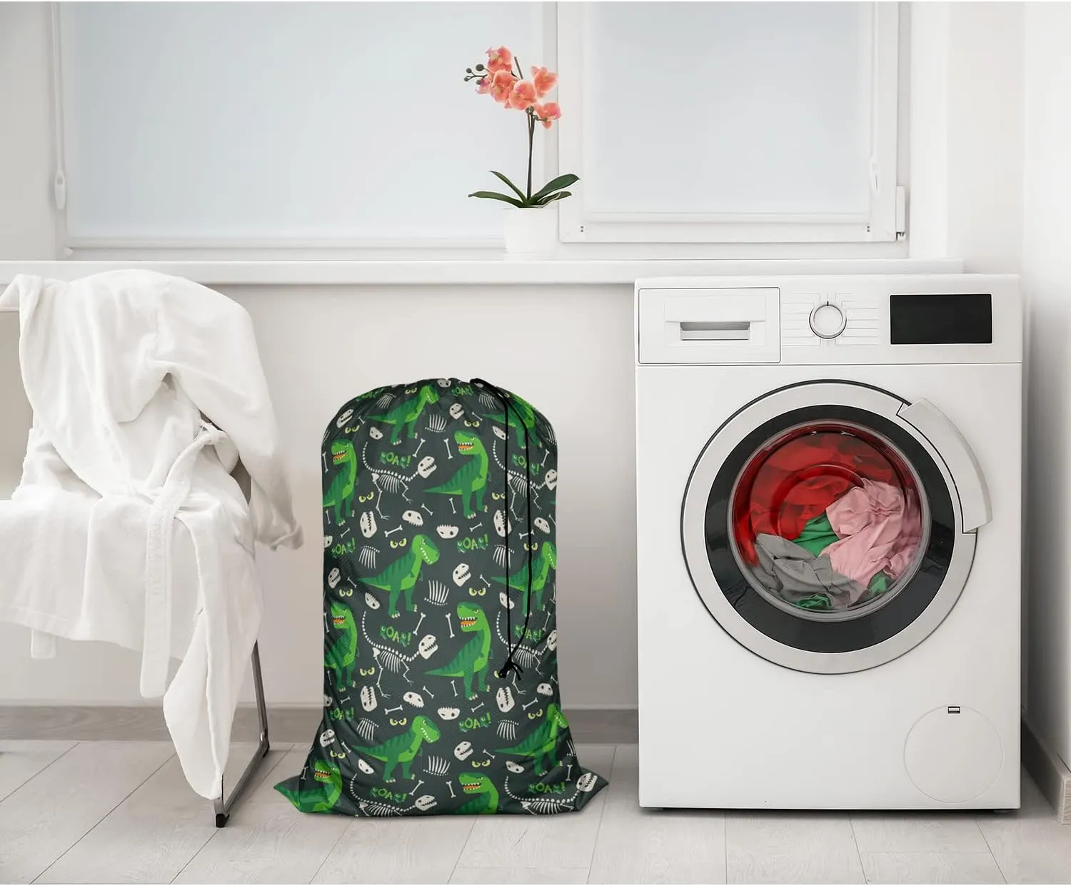 Swono Laundry Basket Clothes Hamper Bag Animal Bones Dino Skull Cartoon Print Collapsible Dirty Clothes Storage Laundry Organizer, 28x40 Inch Oxford Cloth, Dinosaur