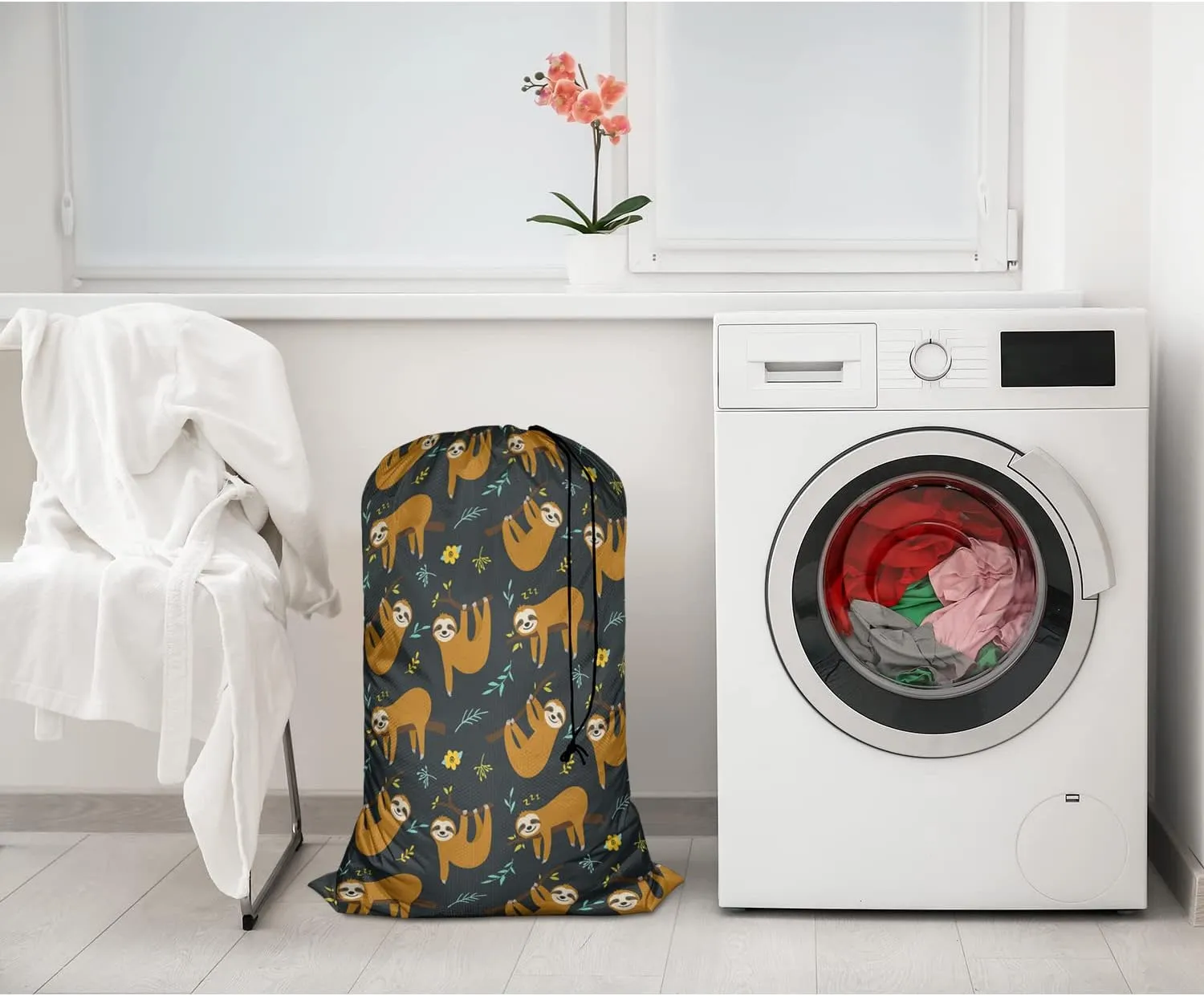 Swono Laundry Basket Clothes Hamper Bag with Drawstring Closure Cartoon Sloth Cute Animal Hanging On The Tree Collapsible Dirty Clothes Storage Laundry Organizer, Black