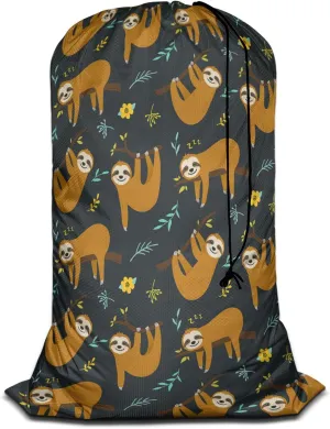 Swono Laundry Basket Clothes Hamper Bag with Drawstring Closure Cartoon Sloth Cute Animal Hanging On The Tree Collapsible Dirty Clothes Storage Laundry Organizer, Black