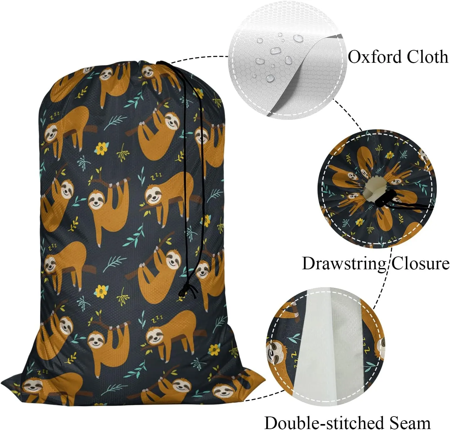 Swono Laundry Basket Clothes Hamper Bag with Drawstring Closure Cartoon Sloth Cute Animal Hanging On The Tree Collapsible Dirty Clothes Storage Laundry Organizer, Black