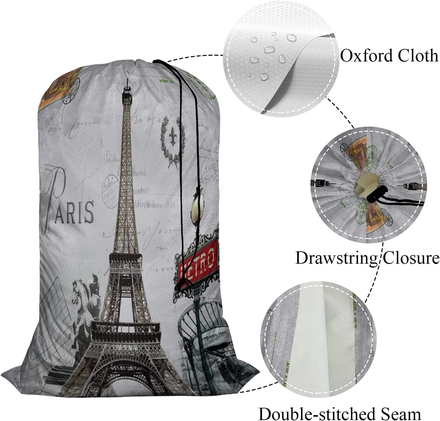 Swono Paris Large Laundry Bag Washable Large Dirty Clothes, France Eiffel Tower French Post City Marks Flower Wreath Stamp Drawstring Organizer Bag, Fit Hamper Basket Camp Travel Home Home, Grey