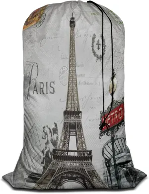 Swono Paris Large Laundry Bag Washable Large Dirty Clothes, France Eiffel Tower French Post City Marks Flower Wreath Stamp Drawstring Organizer Bag, Fit Hamper Basket Camp Travel Home Home, Grey