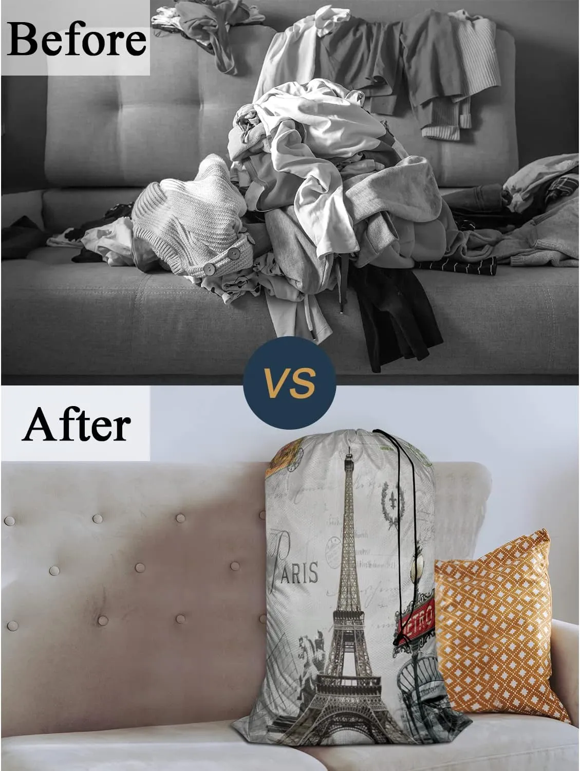 Swono Paris Large Laundry Bag Washable Large Dirty Clothes, France Eiffel Tower French Post City Marks Flower Wreath Stamp Drawstring Organizer Bag, Fit Hamper Basket Camp Travel Home Home, Grey
