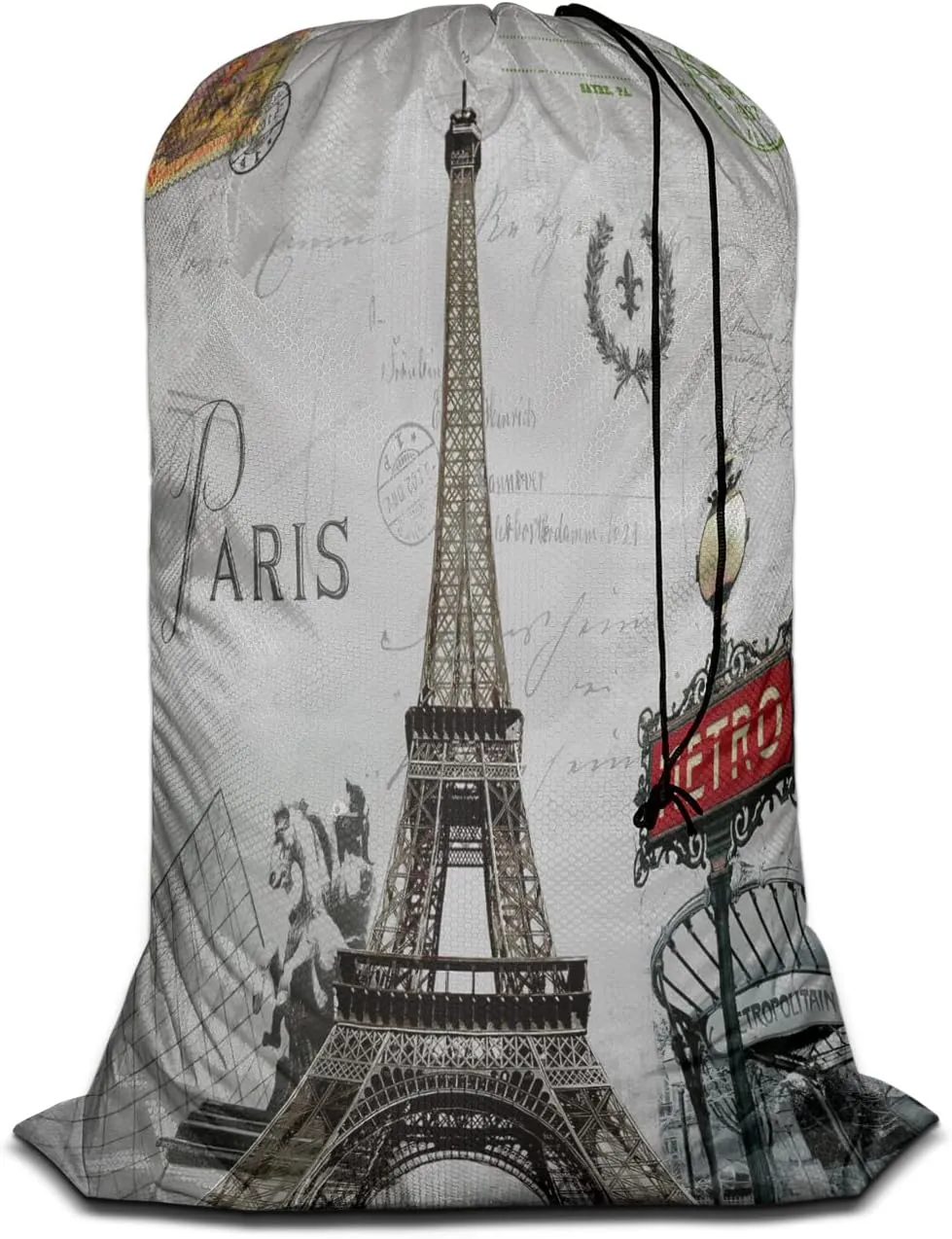 Swono Paris Large Laundry Bag Washable Large Dirty Clothes, France Eiffel Tower French Post City Marks Flower Wreath Stamp Drawstring Organizer Bag, Fit Hamper Basket Camp Travel Home Home, Grey