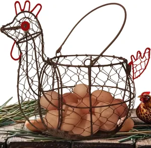 TAIANLE. Chicken Wire Egg Basket for Gathering Fresh Eggs Collecting Basket with Handle, Vintage Rooster Chicken Shaped Fruit Bowl for Home Farm Decor Organizer for Kitchen Countertop
