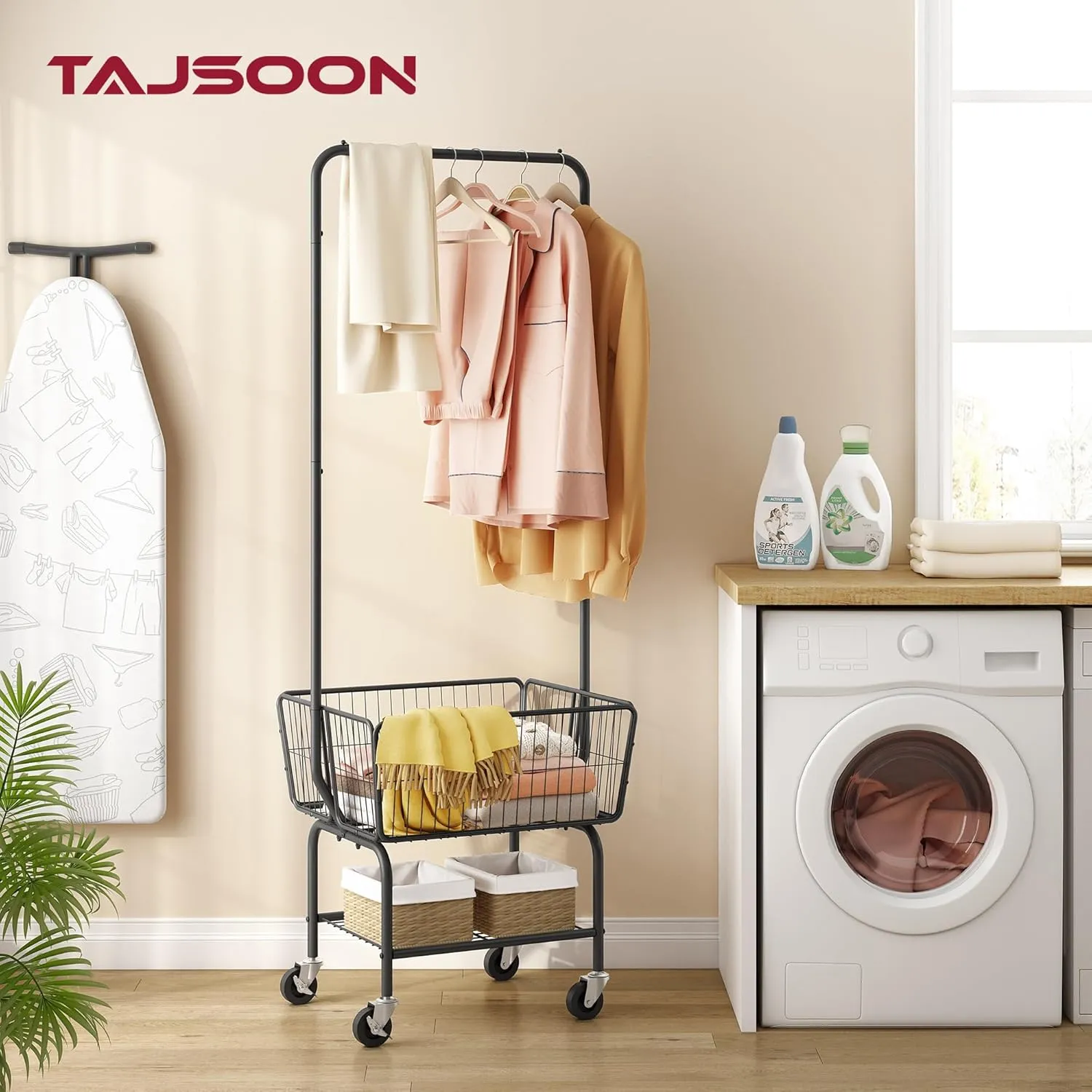 Tajsoon Laundry Cart with Hanging Rack, Metal Laundry Basket with Wheels, Laundry Hamper with Storage Basket and Shelf, Rolling Laundry Cart with Wheels, Black