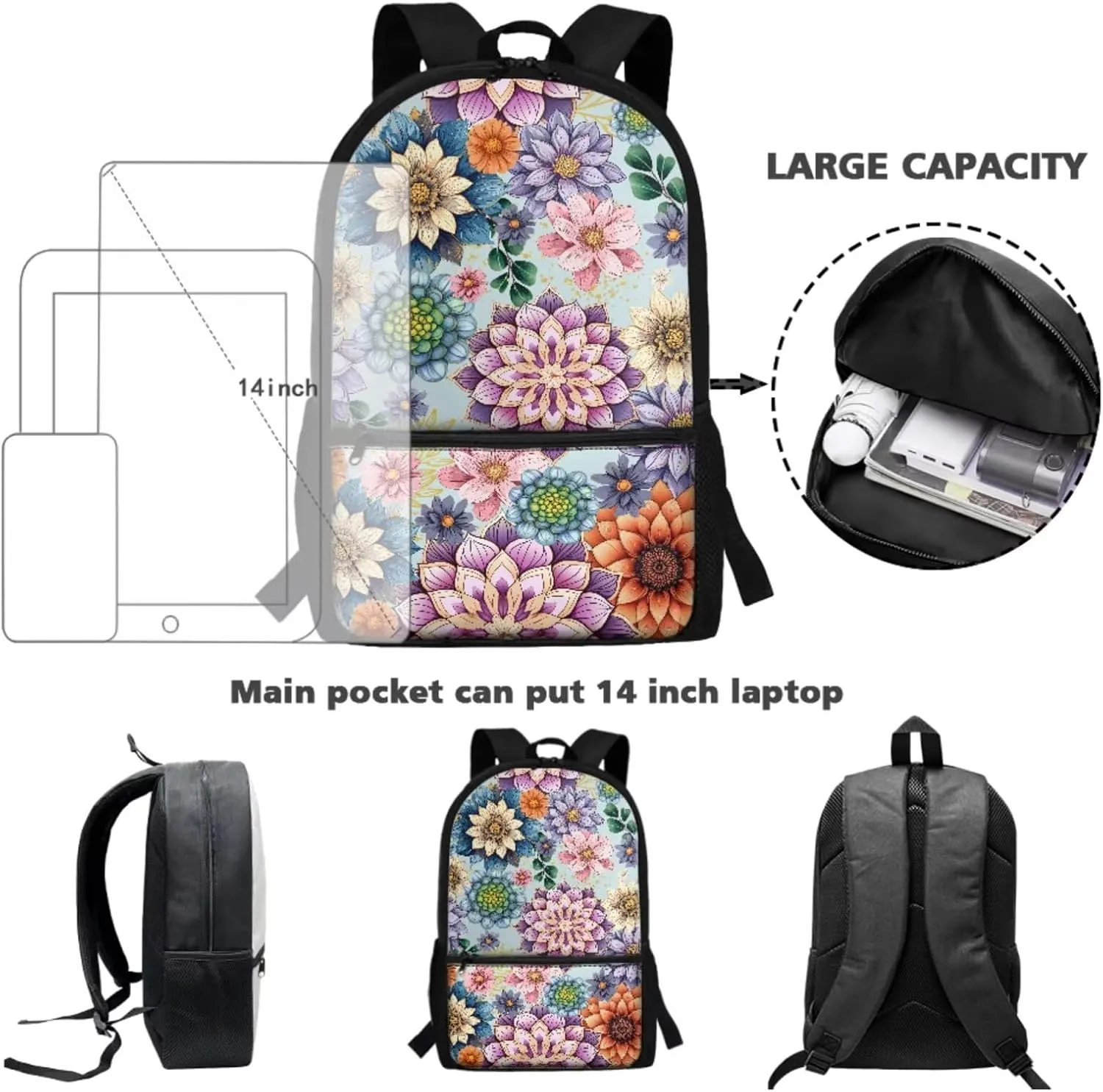 Talayituse Boho Mandala Print 3PCS School Backpack for Teens Girls, Kids Backpack for Teens Elementary Middle High School Students, Large Capacity 17 Inch Schoolbags with Lunch Box and Pencil Case