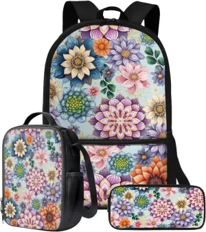 Talayituse Boho Mandala Print 3PCS School Backpack for Teens Girls, Kids Backpack for Teens Elementary Middle High School Students, Large Capacity 17 Inch Schoolbags with Lunch Box and Pencil Case