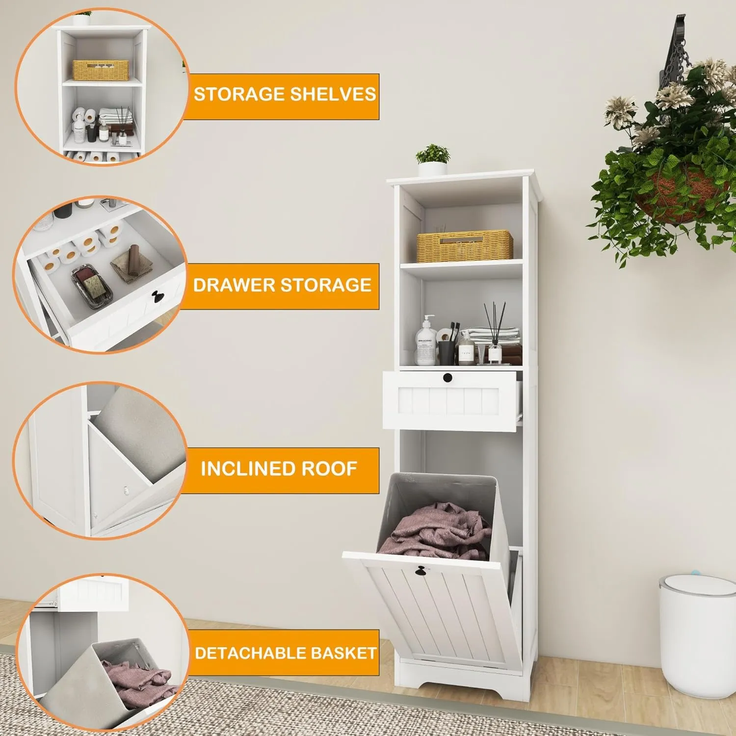 Tall Tilt Out Laundry Room Cabinets and Storage with Hidden Removable Basket, Pull Out Laundry Cabinet Hamper with Door and Drawer for Laundry Room, Bathroom, 13 Gallons