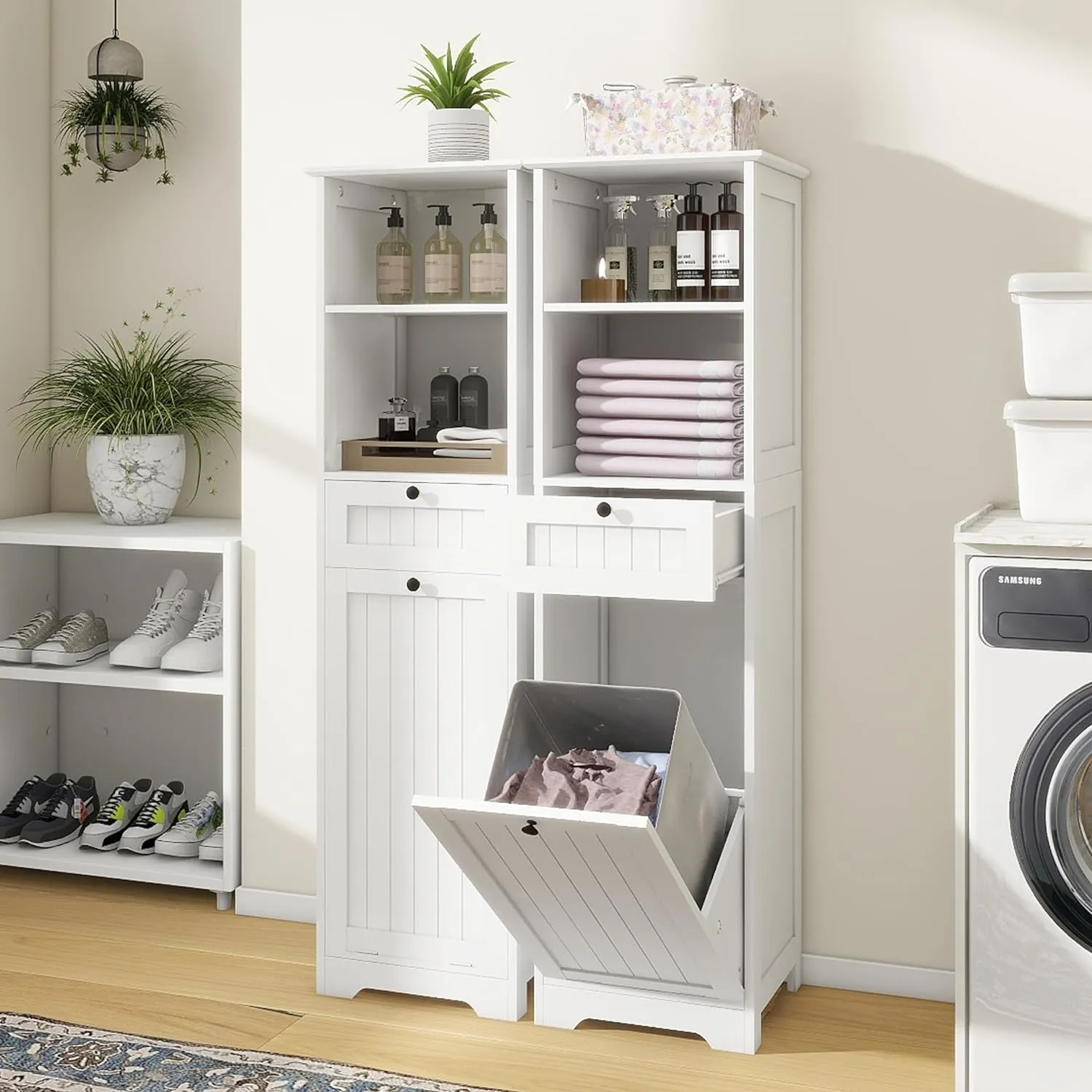 Tall Tilt Out Laundry Room Cabinets and Storage with Hidden Removable Basket, Pull Out Laundry Cabinet Hamper with Door and Drawer for Laundry Room, Bathroom, 13 Gallons