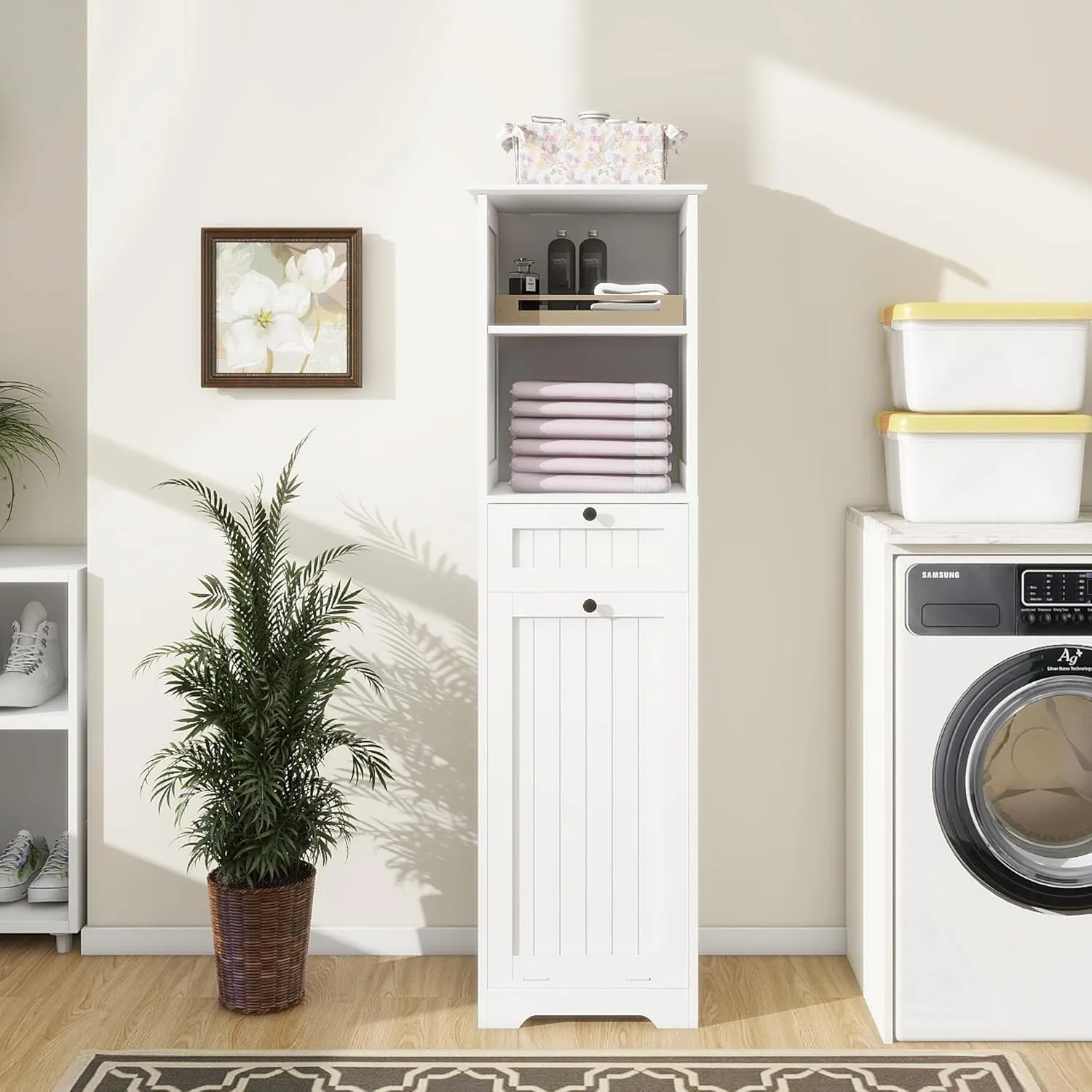 Tall Tilt Out Laundry Room Cabinets and Storage with Hidden Removable Basket, Pull Out Laundry Cabinet Hamper with Door and Drawer for Laundry Room, Bathroom, 13 Gallons