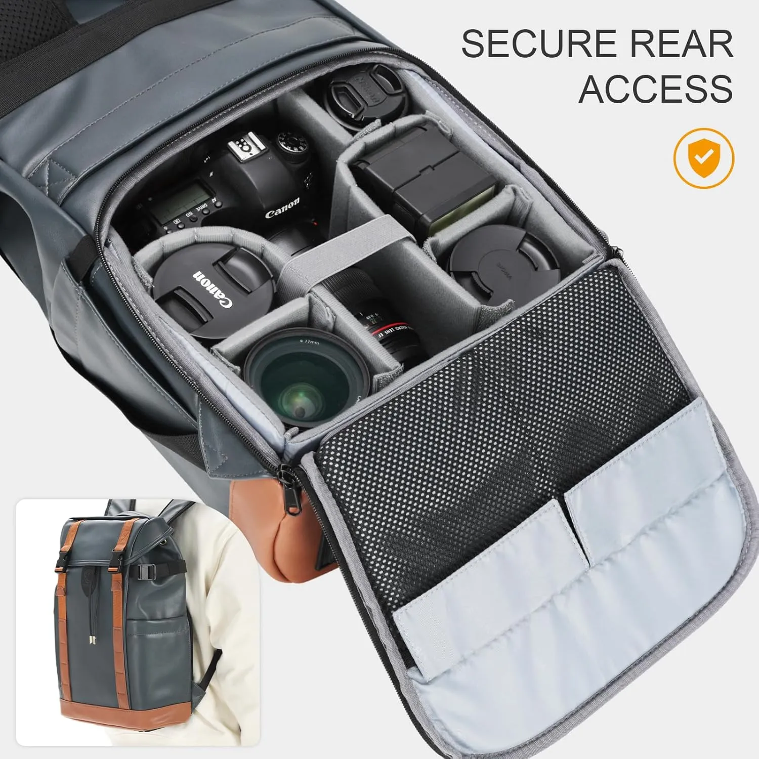 TARION Leather Camera Backpack - Waterproof Camera Bag with Removable Insert, 14" Laptop Compartment, Anti-theft Top & Back Access, Convertible Daily Backpack for Photographer, Venizia Blue