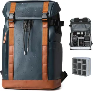 TARION Leather Camera Backpack - Waterproof Camera Bag with Removable Insert, 14" Laptop Compartment, Anti-theft Top & Back Access, Convertible Daily Backpack for Photographer, Venizia Blue