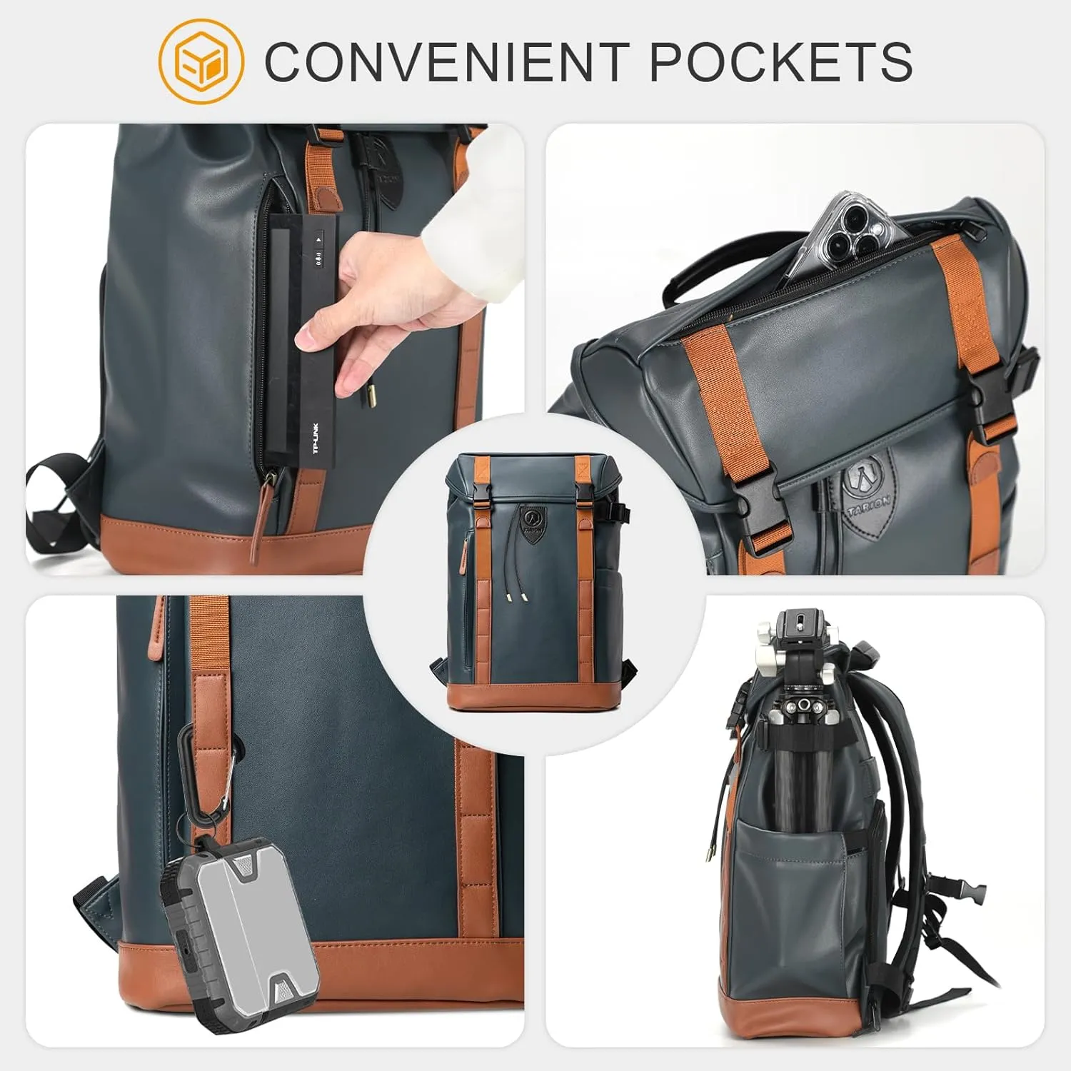 TARION Leather Camera Backpack - Waterproof Camera Bag with Removable Insert, 14" Laptop Compartment, Anti-theft Top & Back Access, Convertible Daily Backpack for Photographer, Venizia Blue