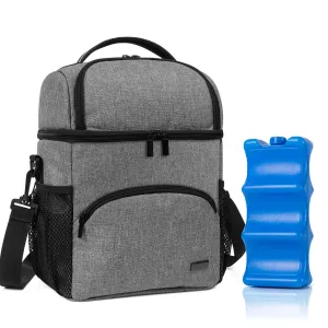 Teamoy Double Layer Breastmilk Cooler Bag with Ice Pack, Travel Baby Bottle Cooler Bag Tote Up to 6 Large 9 Ounce Bottles, Gray