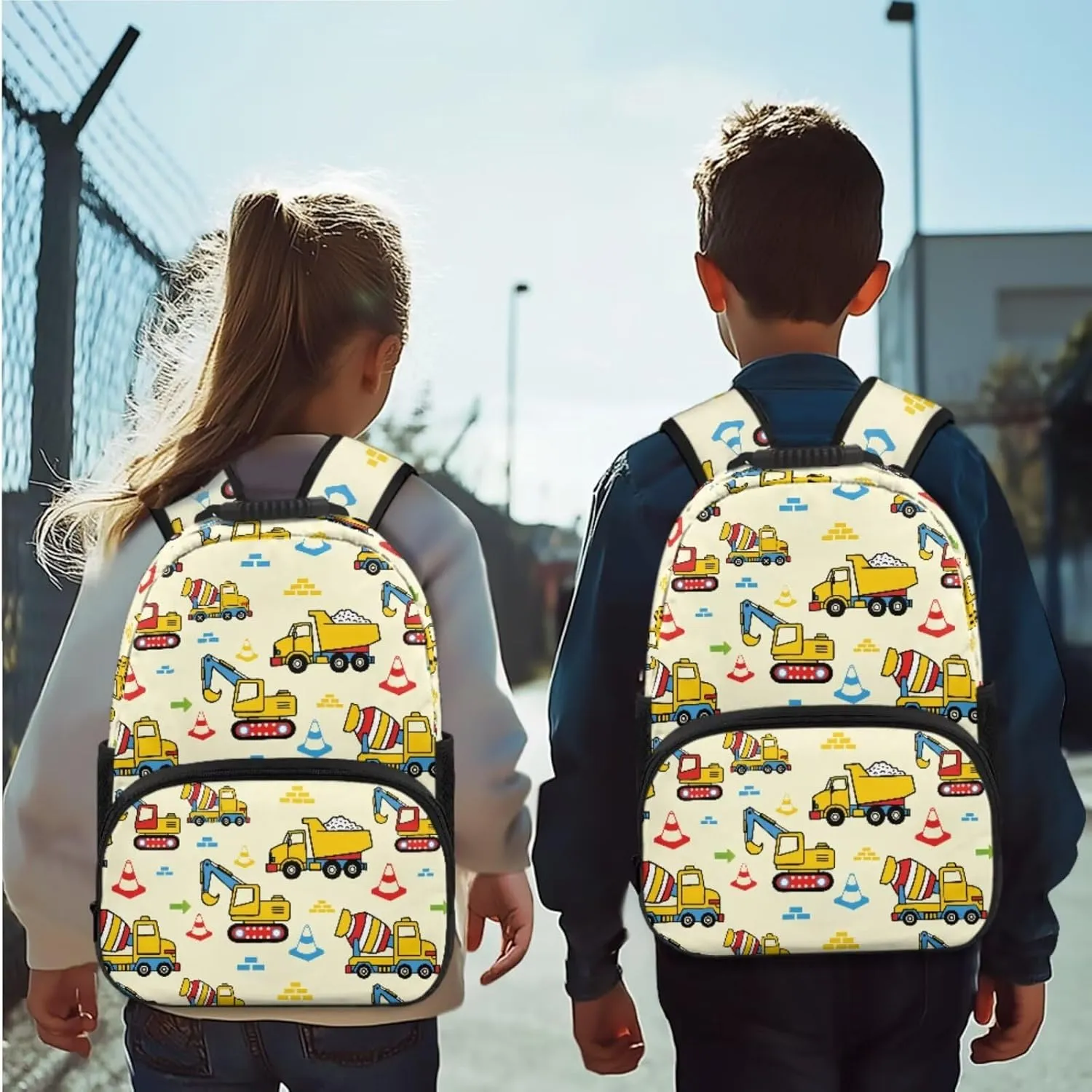 Technical Vehicle Backpack for Boys 15 Inch Polyester Bookbag Set for School 4 Pieces Boys School Bag with Lunch Bag for Preschool Primary Casual Daypack
